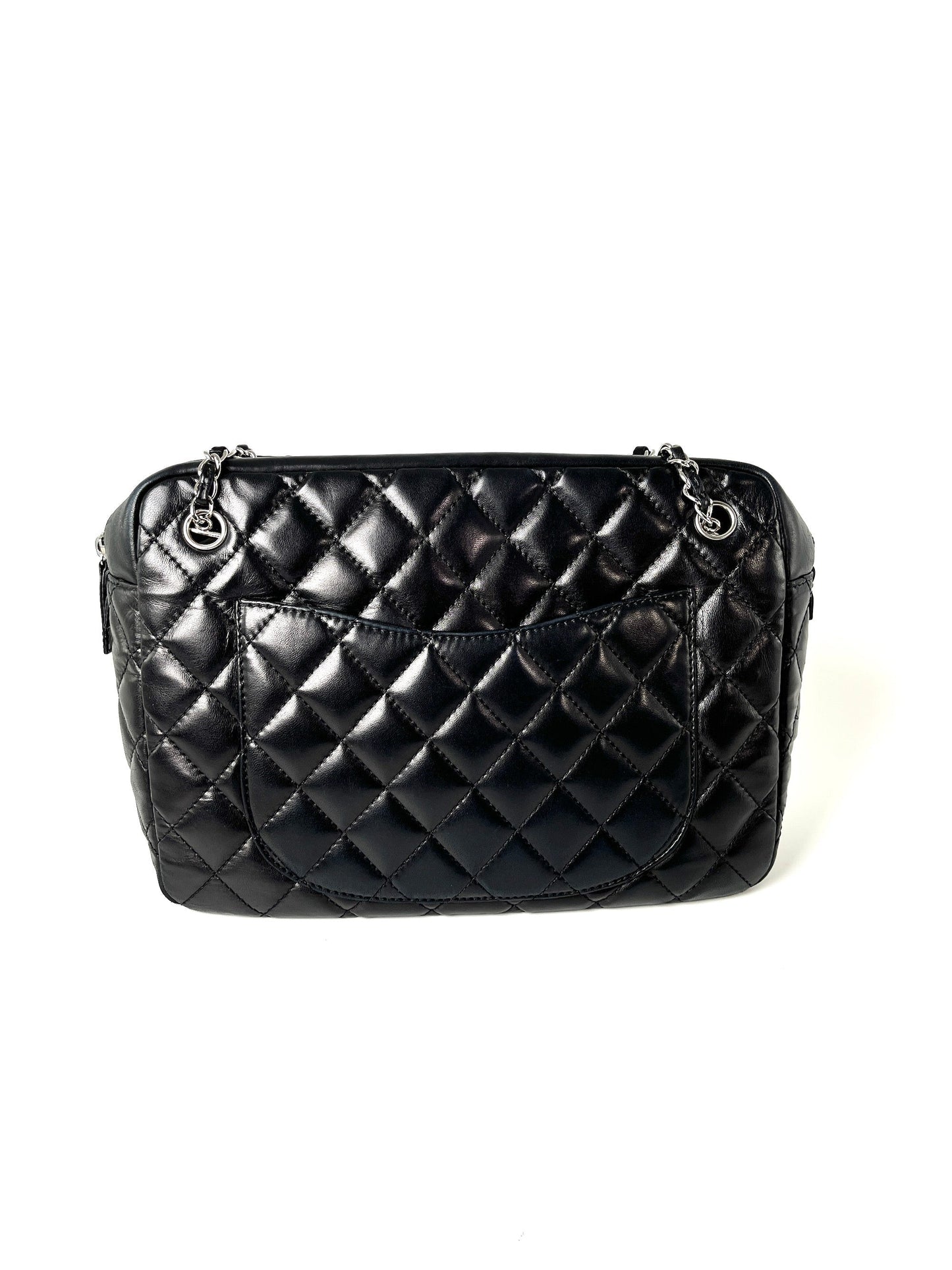 Chanel Black Quilted Camera Case Jumbo Leather Tote Bag