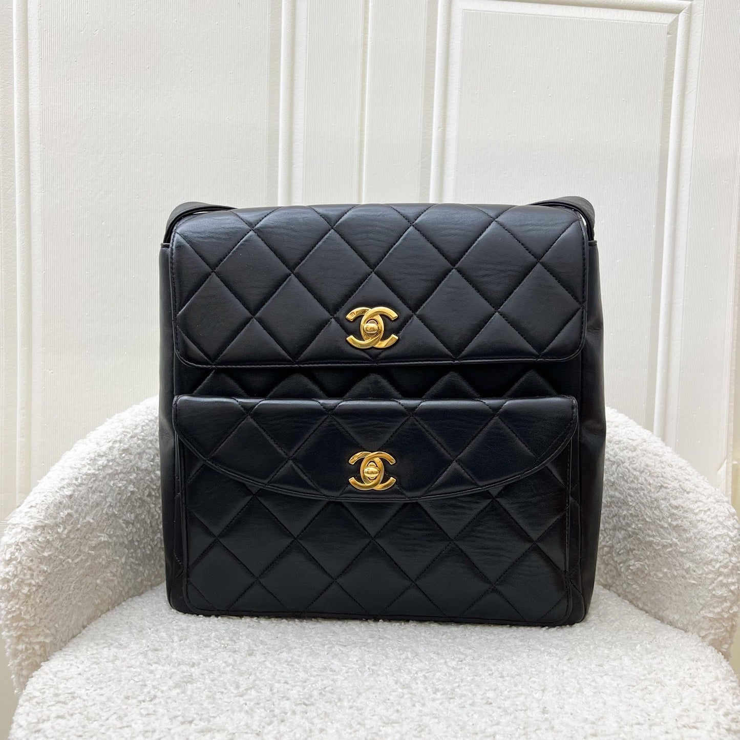 Chanel Double Pocket Shoulder Bag in Black Lambskin and GHW