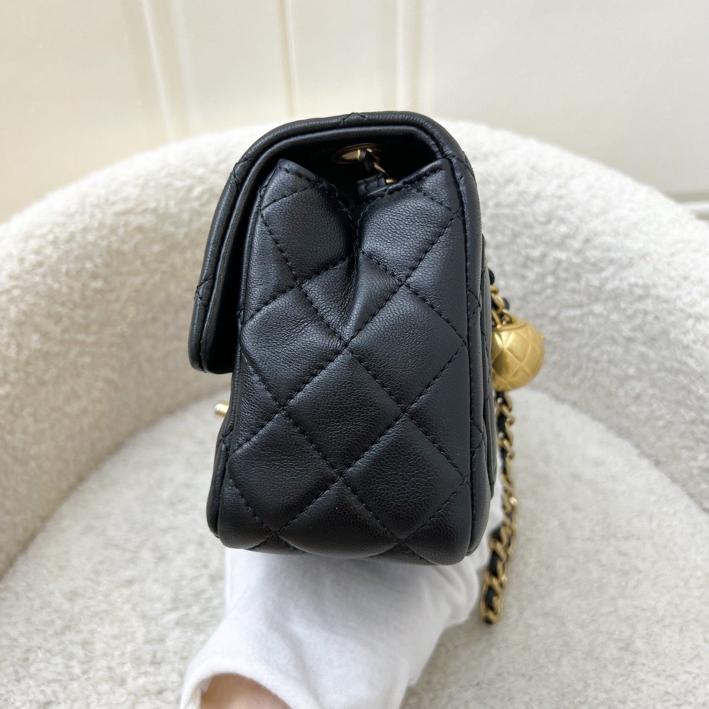 Pearl Crush Square Mini Flap in Black Lambskin and AGHW (Model: ) Accessory Signature