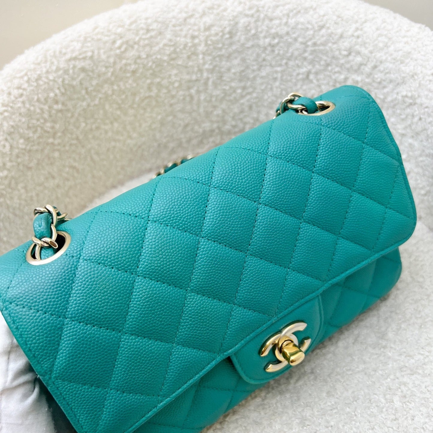 Chanel Classic Mini Rectangle Flap in Turquoise Caviar and LGHW Accessory