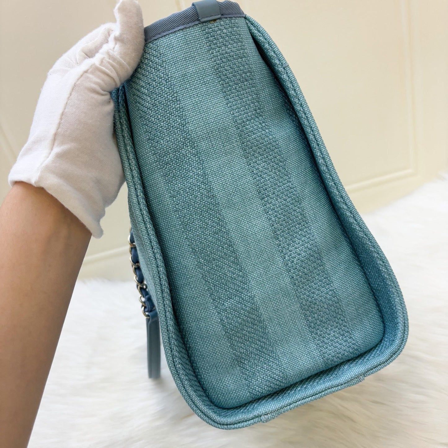 Chanel Small / Medium Deauville Tote in Green / Turquoise Fabric and LGHW (Model: )