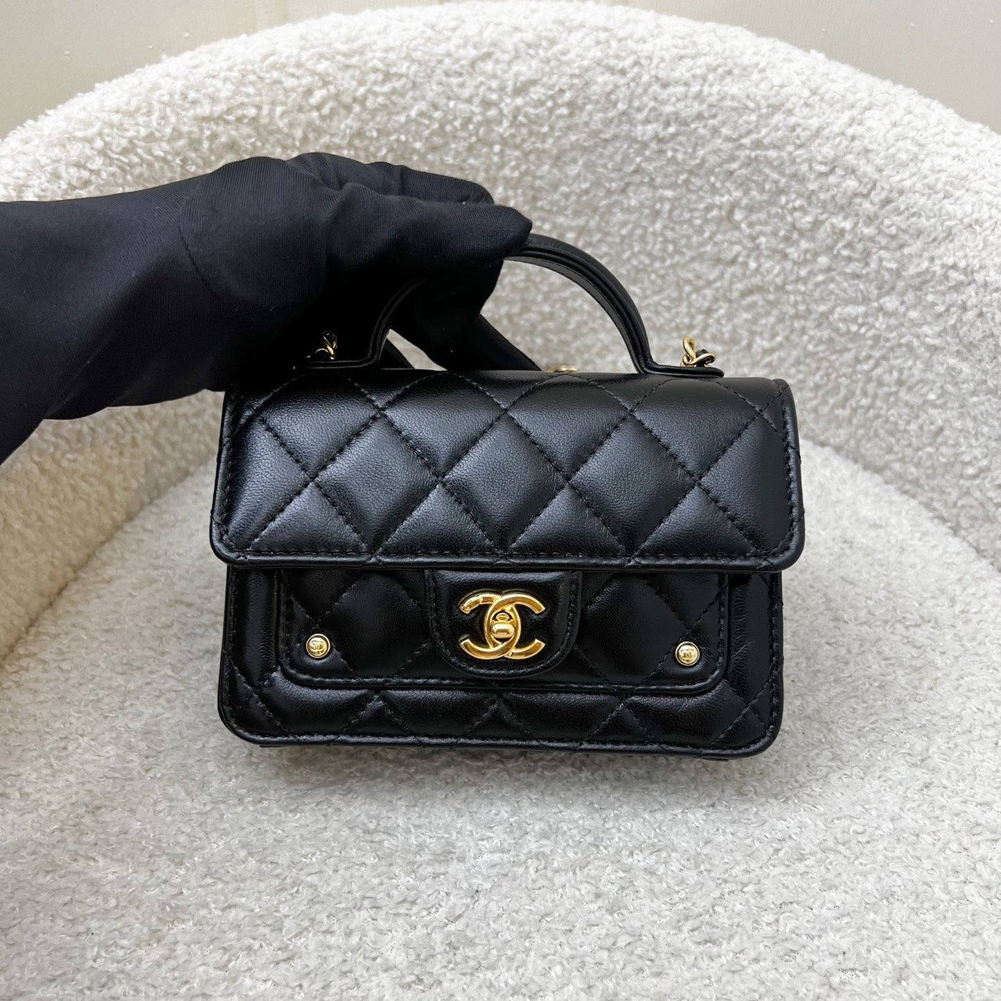 Chanel Mini Clutch on Chain with Top Handle in Black Shiny Lambskin and AGHW
