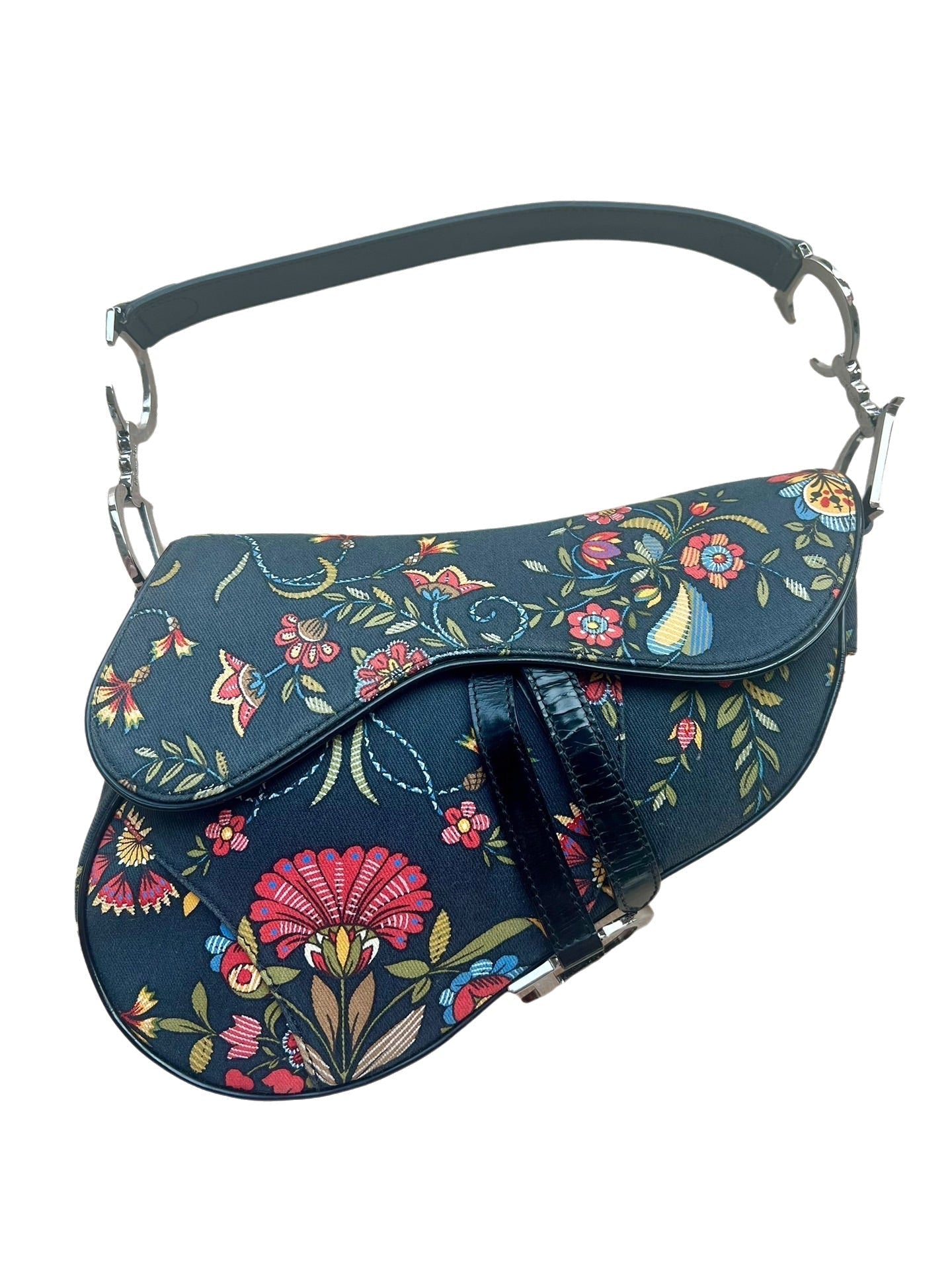 Dior Saddle With Floral Embroidery John Galliano Design Denim Black Travel Bag