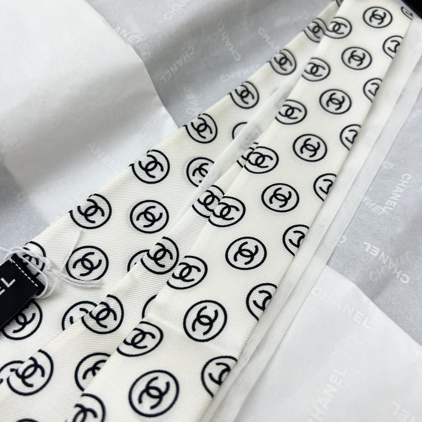 Chanel Slim Bandeau with Black Logo in White Silk Accessory