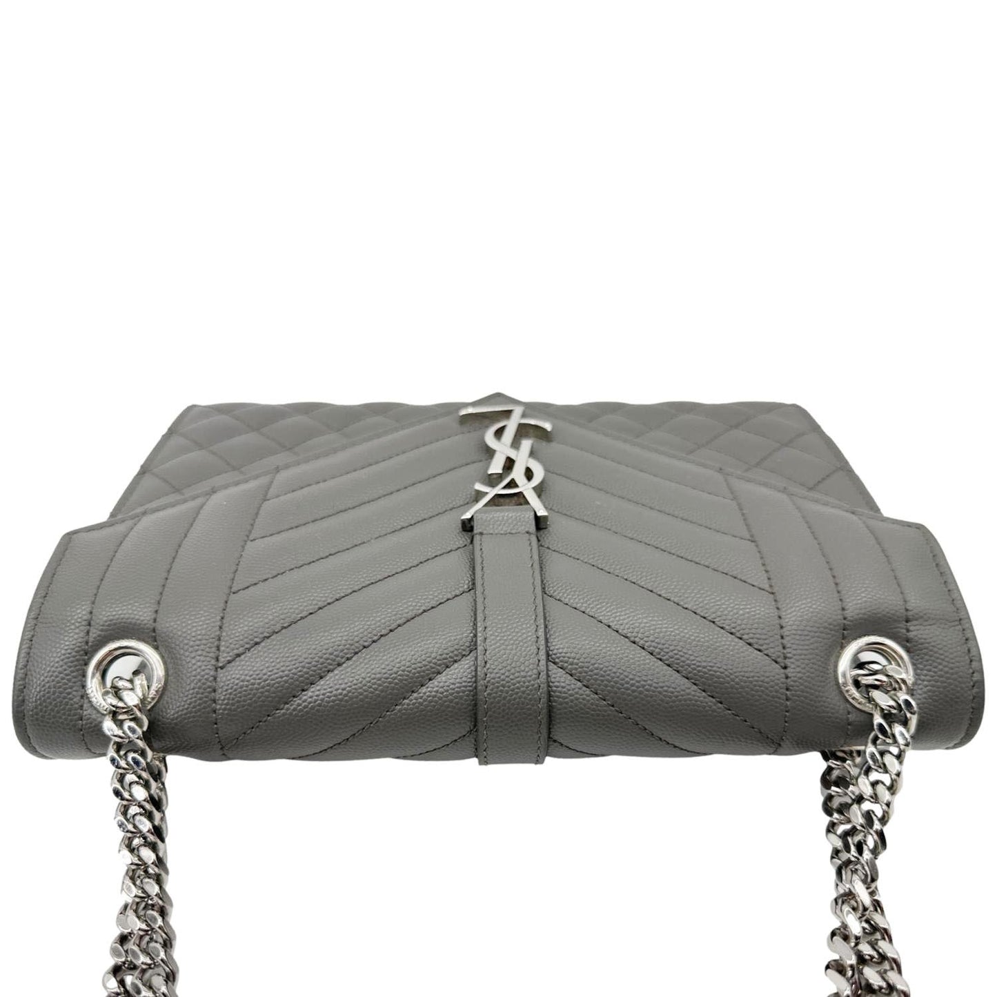 YSL Saint Laurent Yves Envelope Grain De Poudre Shoulder Bag Grey Leather Gray