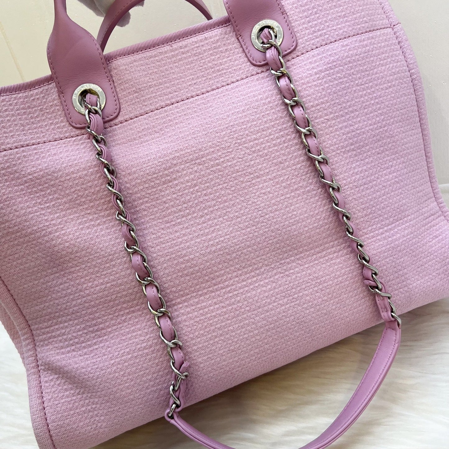 Chanel Medium / Large Deauville Tote in Pink Fabric LGHW