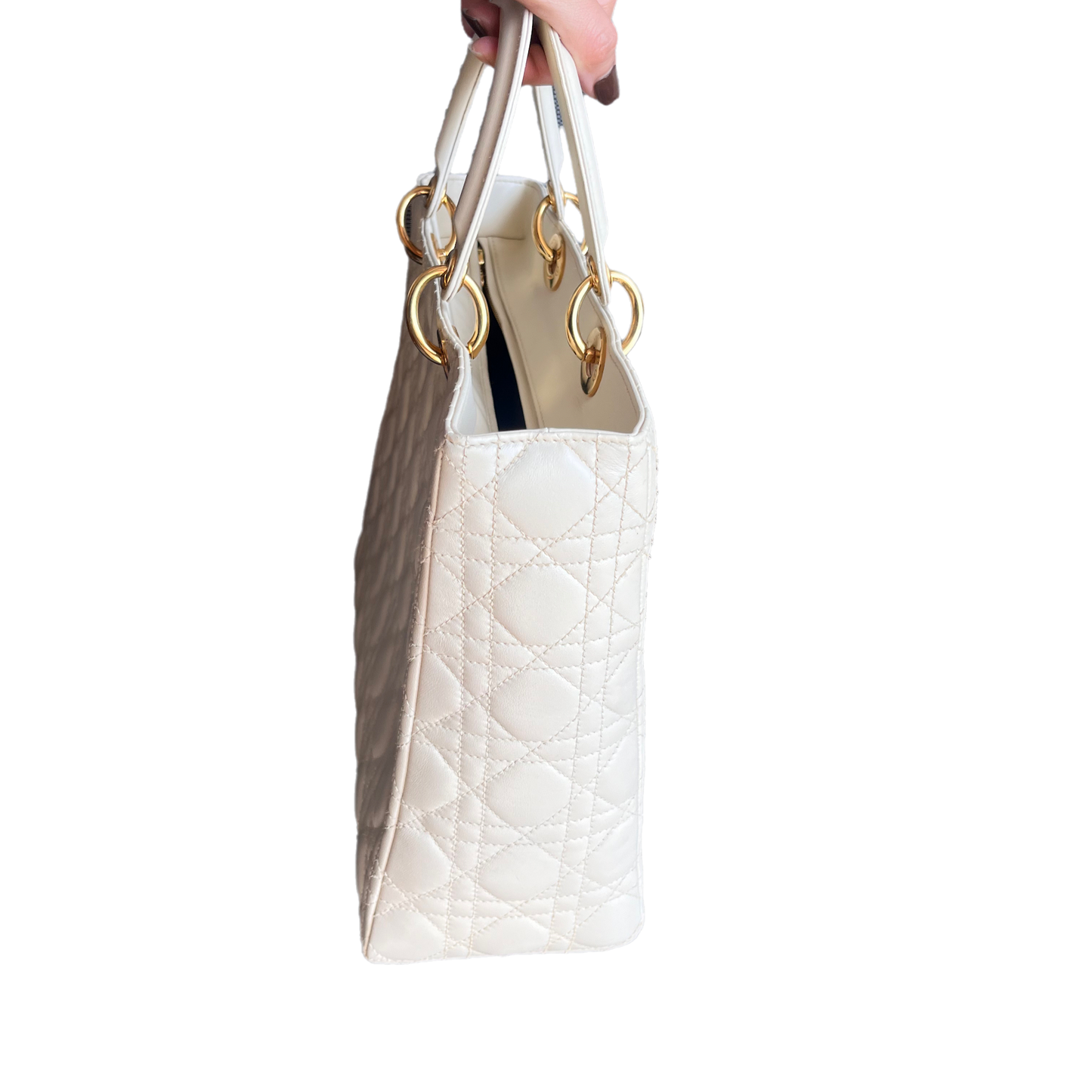 Dior Lady Large Cream Cannage Lambskin Handbag With Leather White Travel Bag