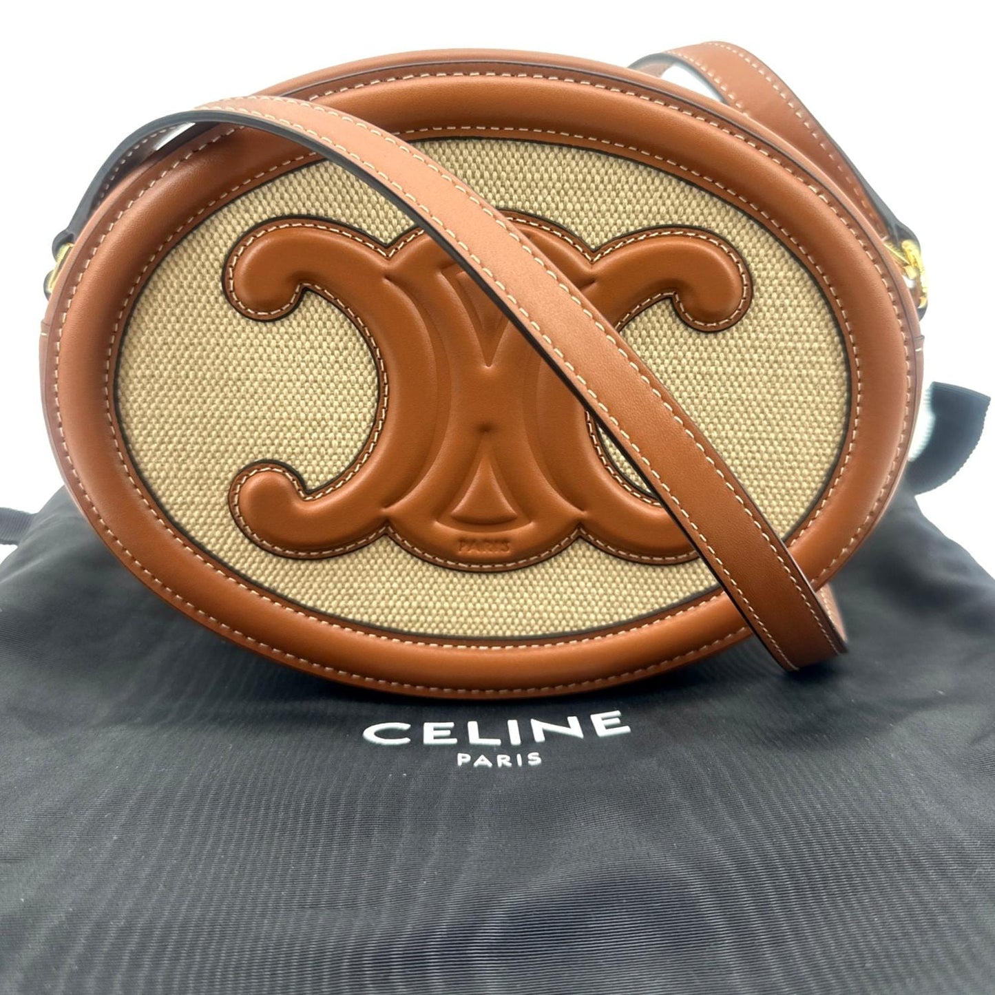 Triomphe Oval Calfskin Shoulder Bag Leather Tan