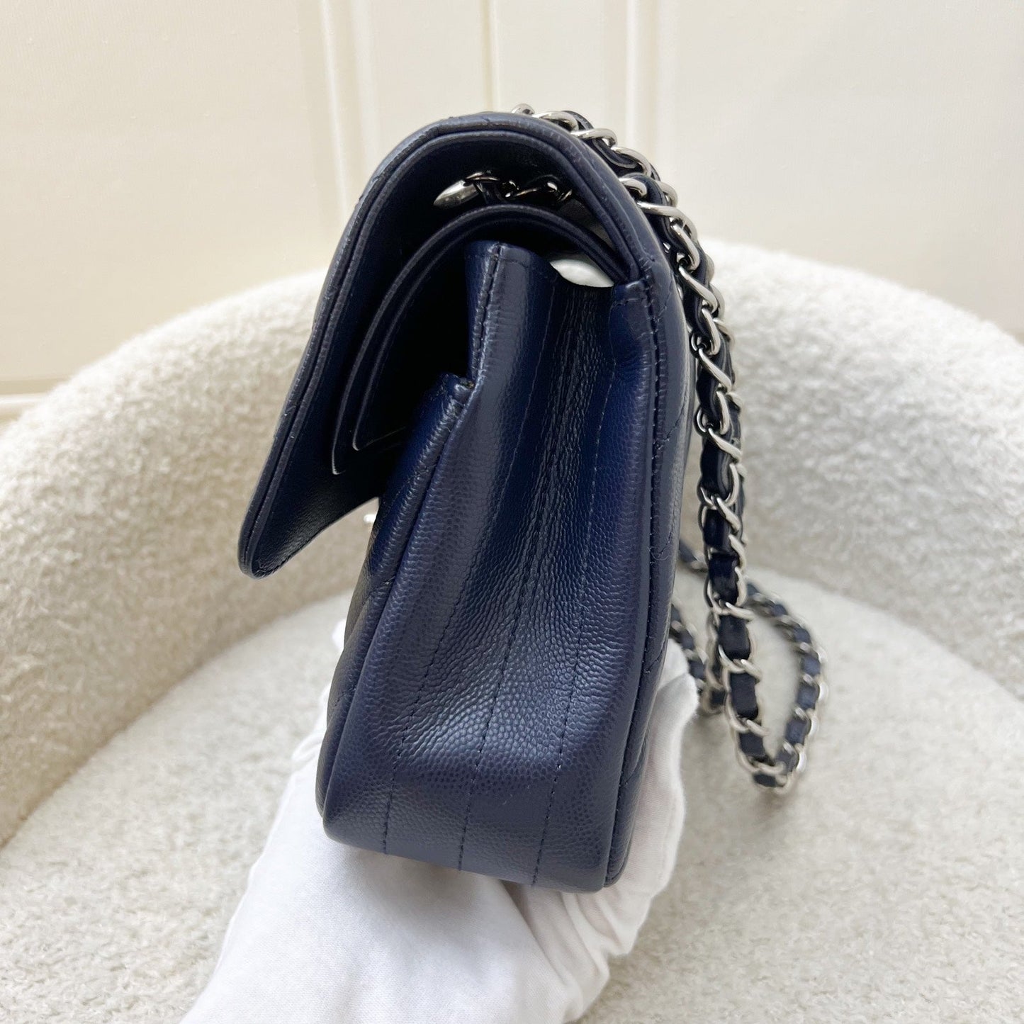 Chanel Medium Classic Flap CF in Chevron Quilted Navy Caviar and SHW Accessory