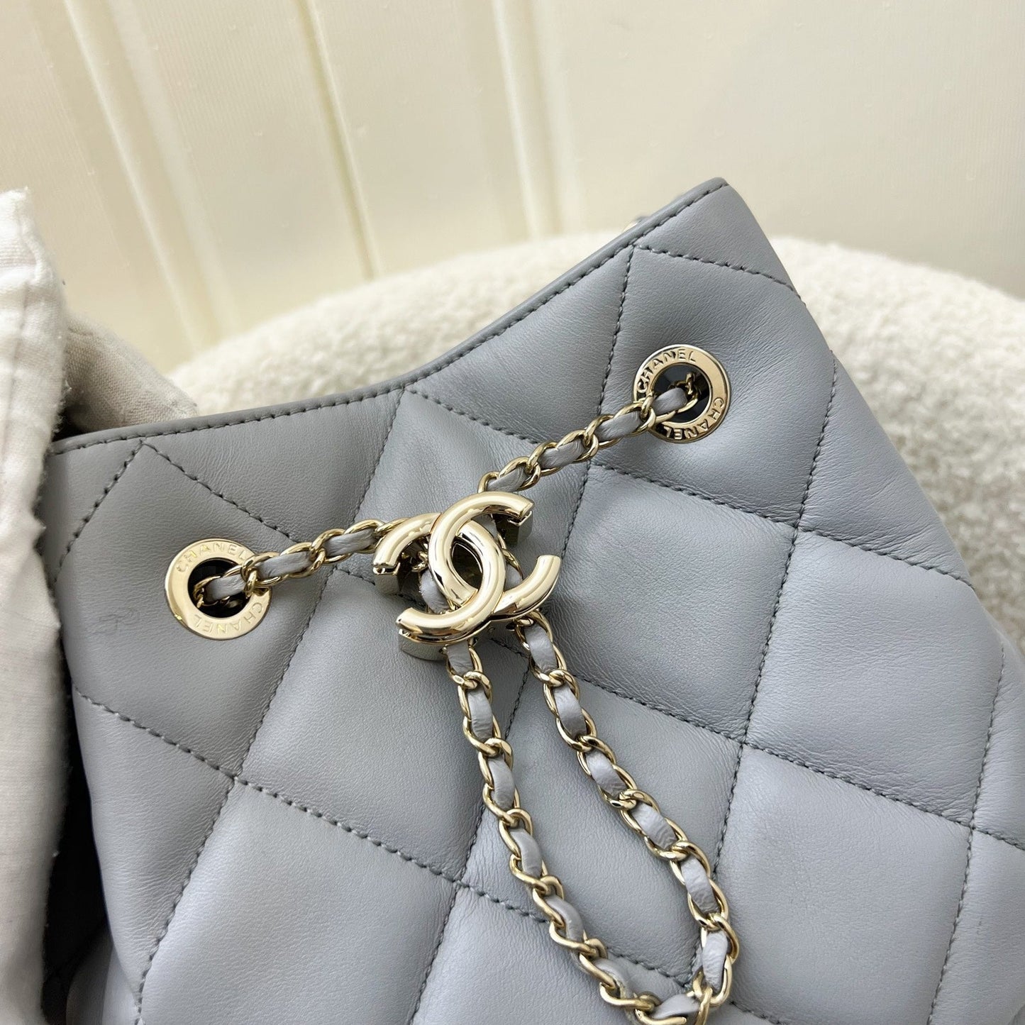 Chanel Drawstring Bucket Bag in Light Grey Lambskin and LHGW (Model: )