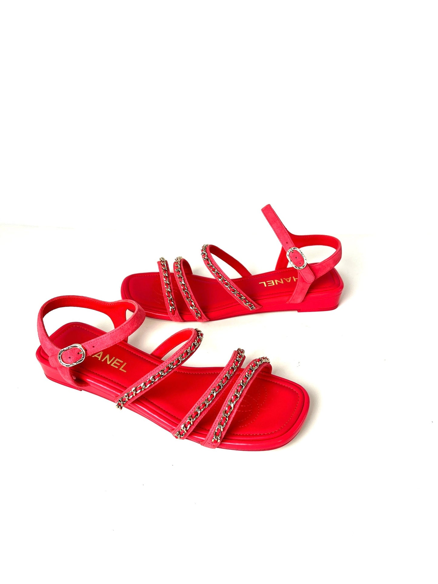 Chanel New Chain Suede Leather Pink Wedge Sandals 38 7.5