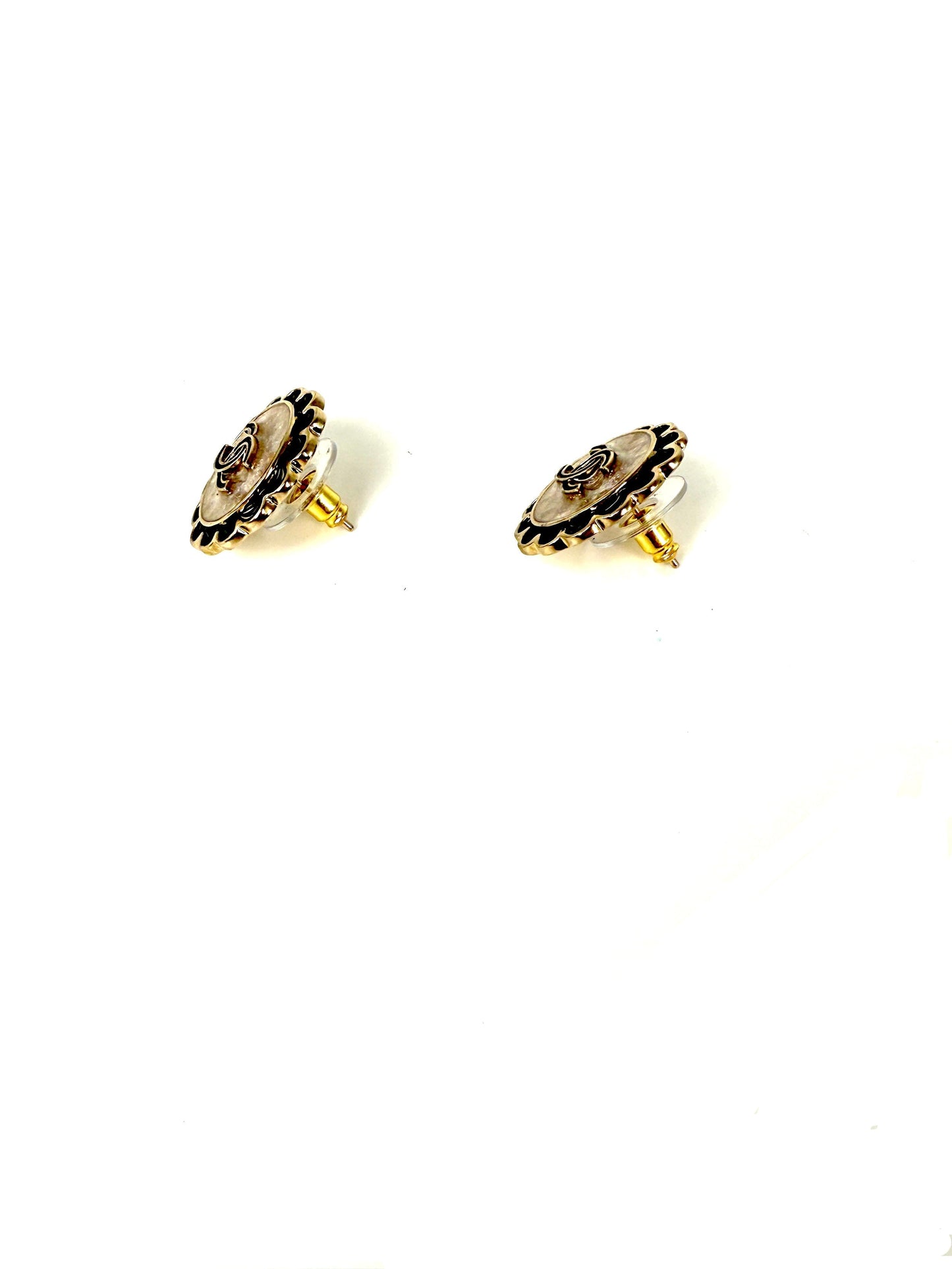 Chanel 2024 Gold Tone CC Logo Stud Flower Button Earrings Jewelry