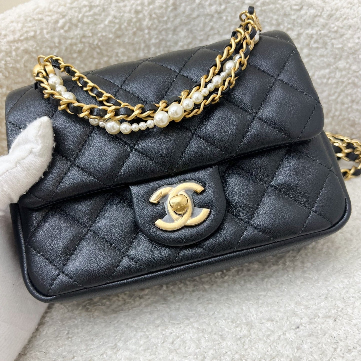 Chanel Pearl Twist Chain Square Mini Flap Bag in Black Lambskin and AGHW (Model: )