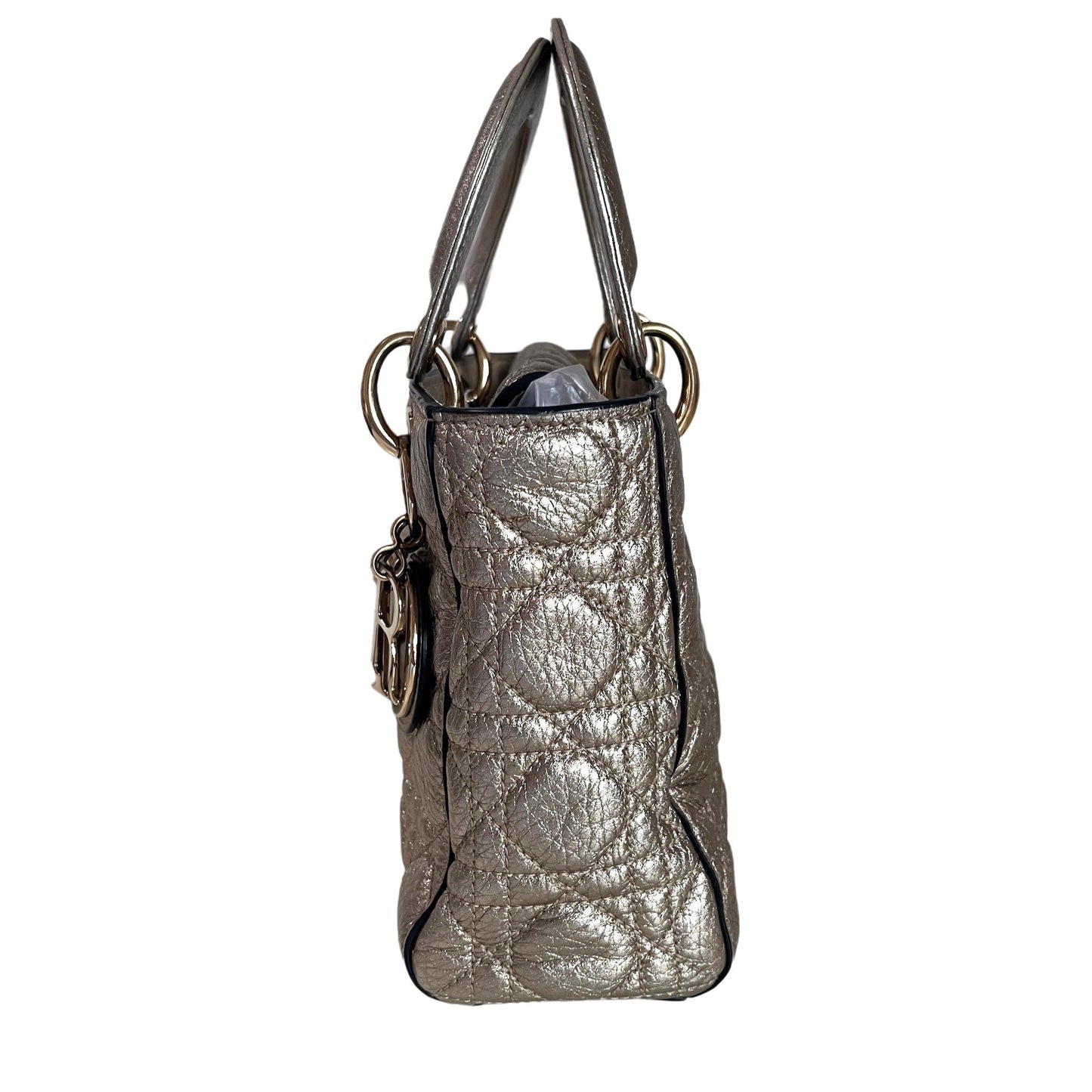 Dior Lady Supple Calfskin Cannage Handbag With Strap Leather Gold Travel Bag