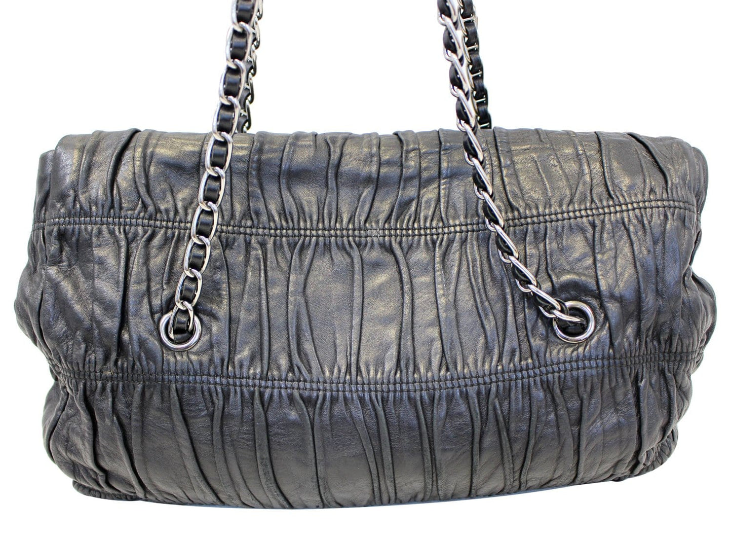Prada Nappa Gaufre Ruched Shoulder Bag Leather Black Flap