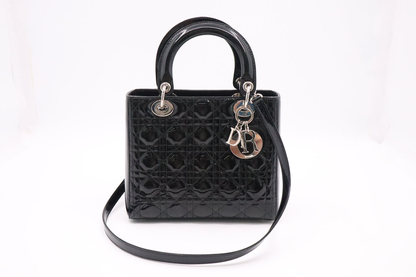 Dior Lady In Cannage Patent Handbag Leather Black Travel Bag Leather Handbag
