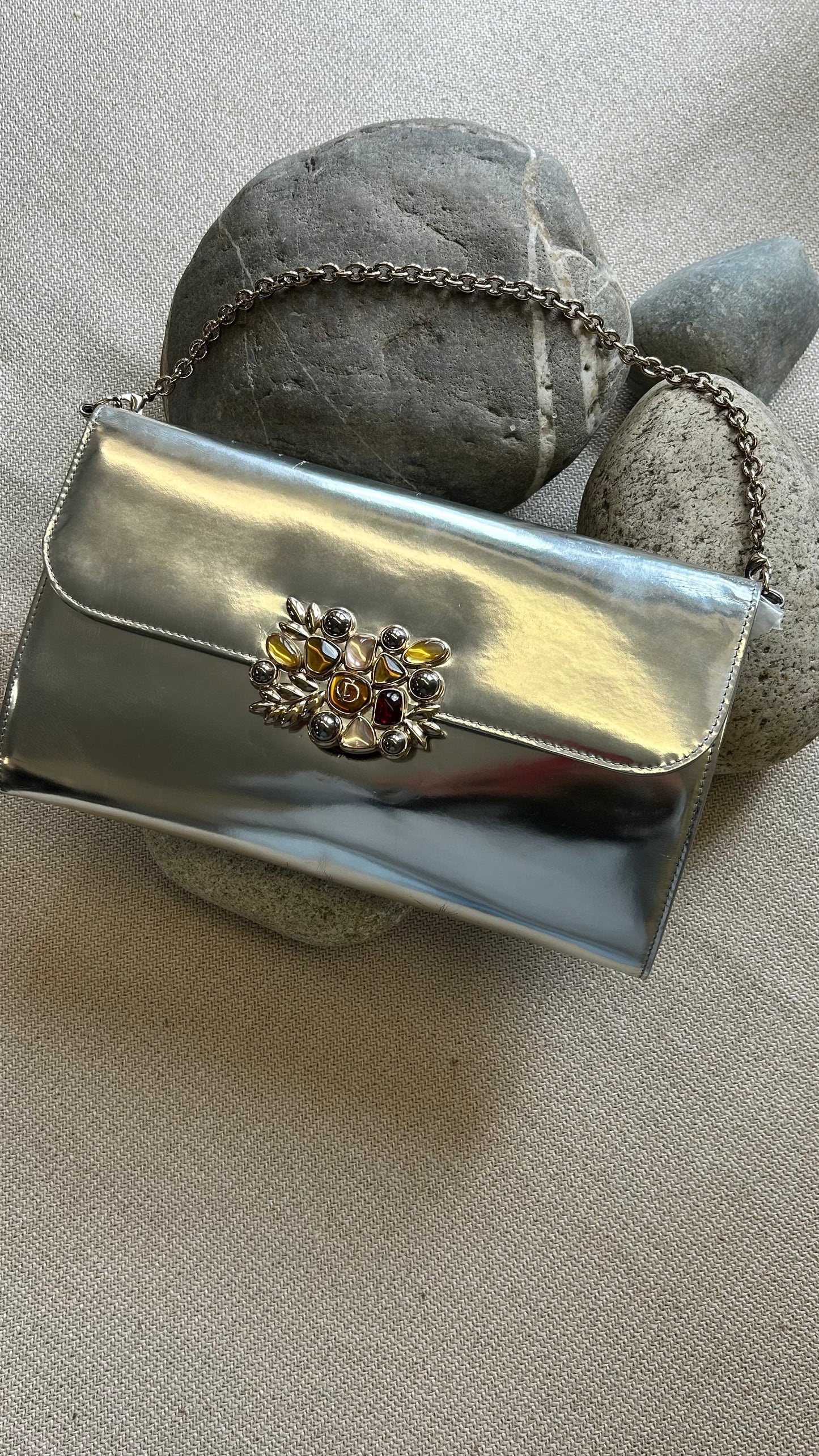 Dior Clutch Bag Embellished Clutch Patent Silver