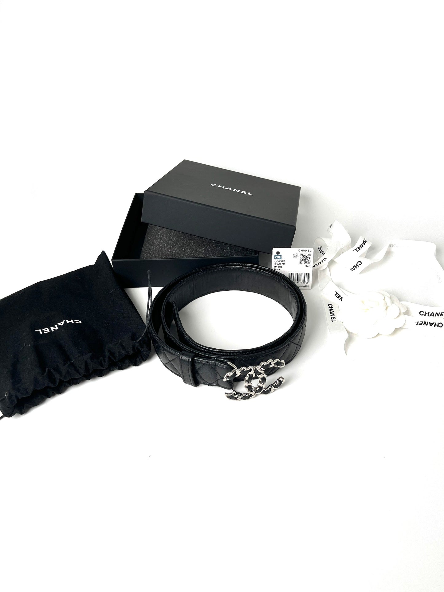 Chanel Black Quilted Caviar CC Buckle Silver Logo Leather Belt 90 36