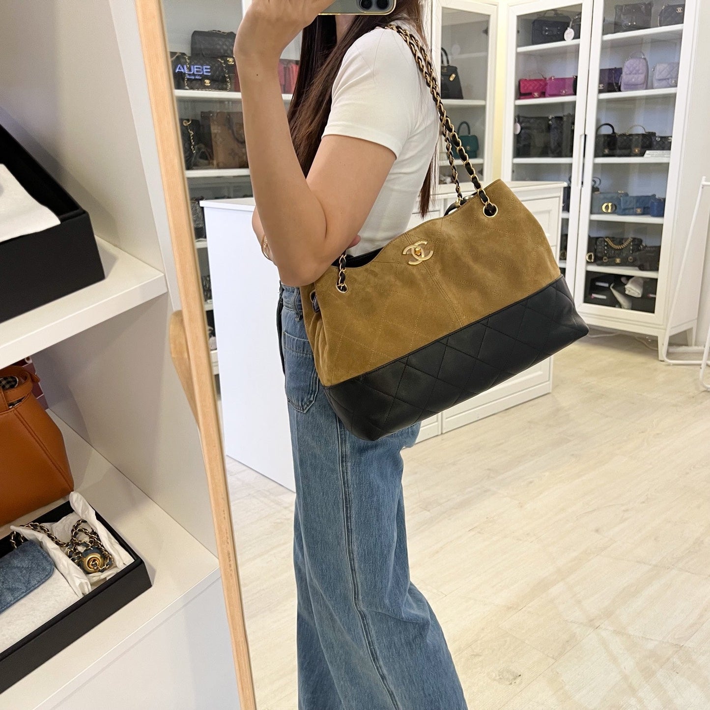 Chanel Two-Tone Tote Bag in Light Brown Suede, Black Calfskin and AGHW