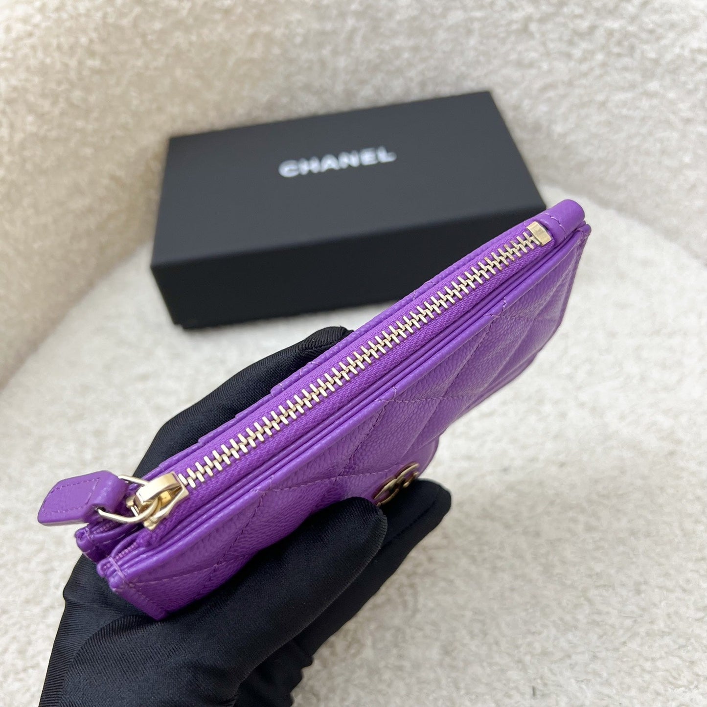 Chanel Snap Card Holder with Zipped Coin Compartment in Purple Caviar and LGHW
