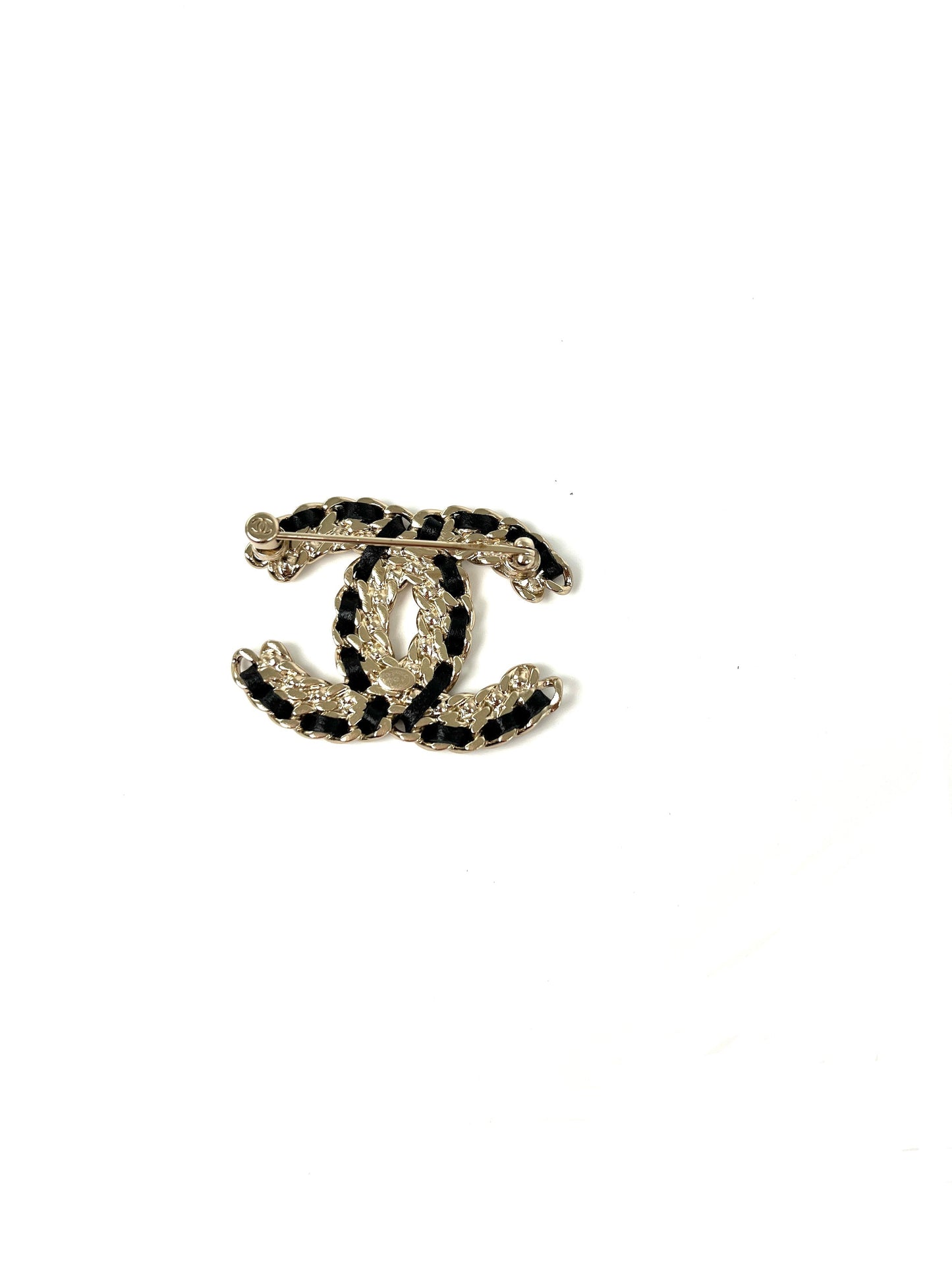 Chanel CC Logo Leather Crystal Gold Black Brooch Pin