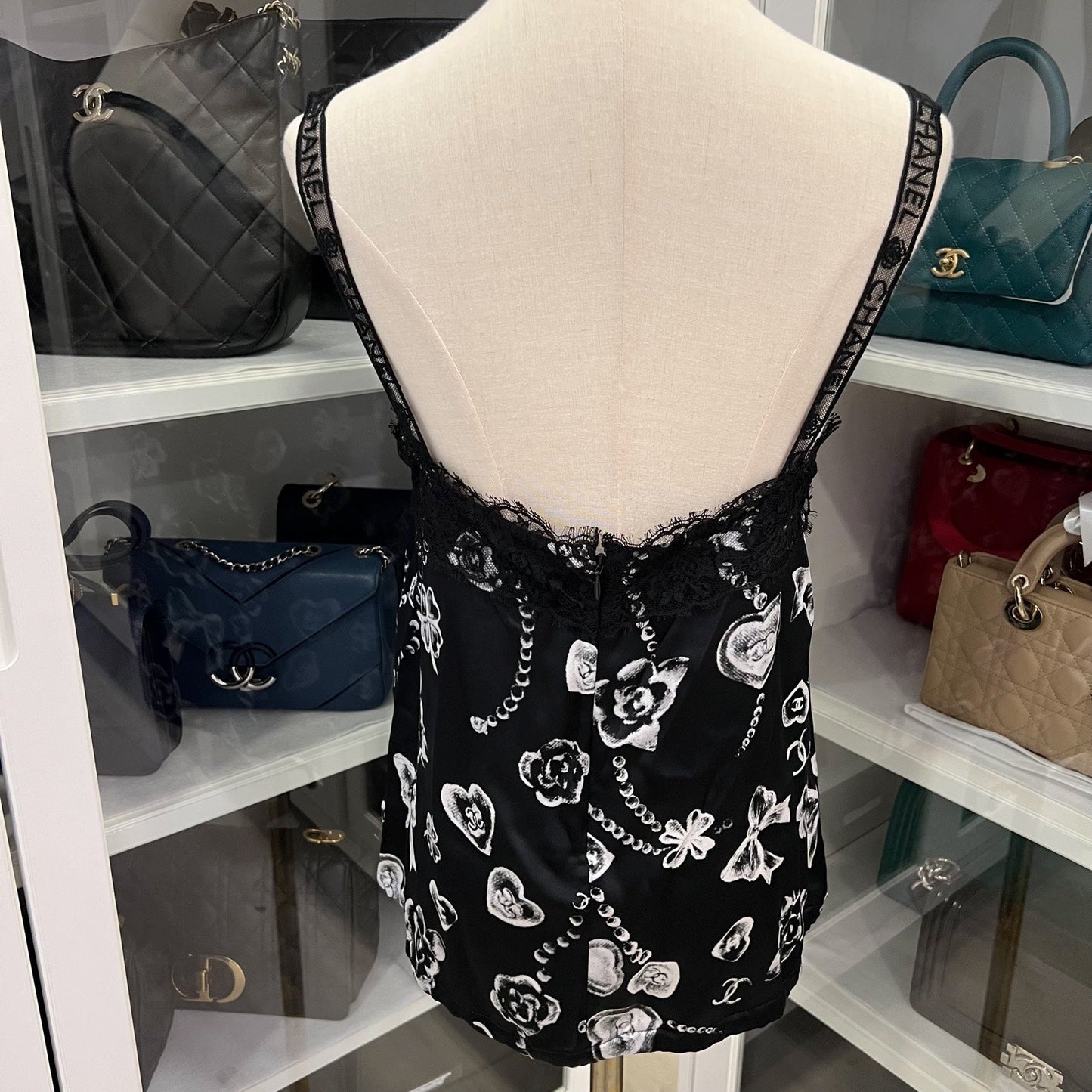 Chanel Camisole Top in Black Silk with White Prints Sz 38 Accessory