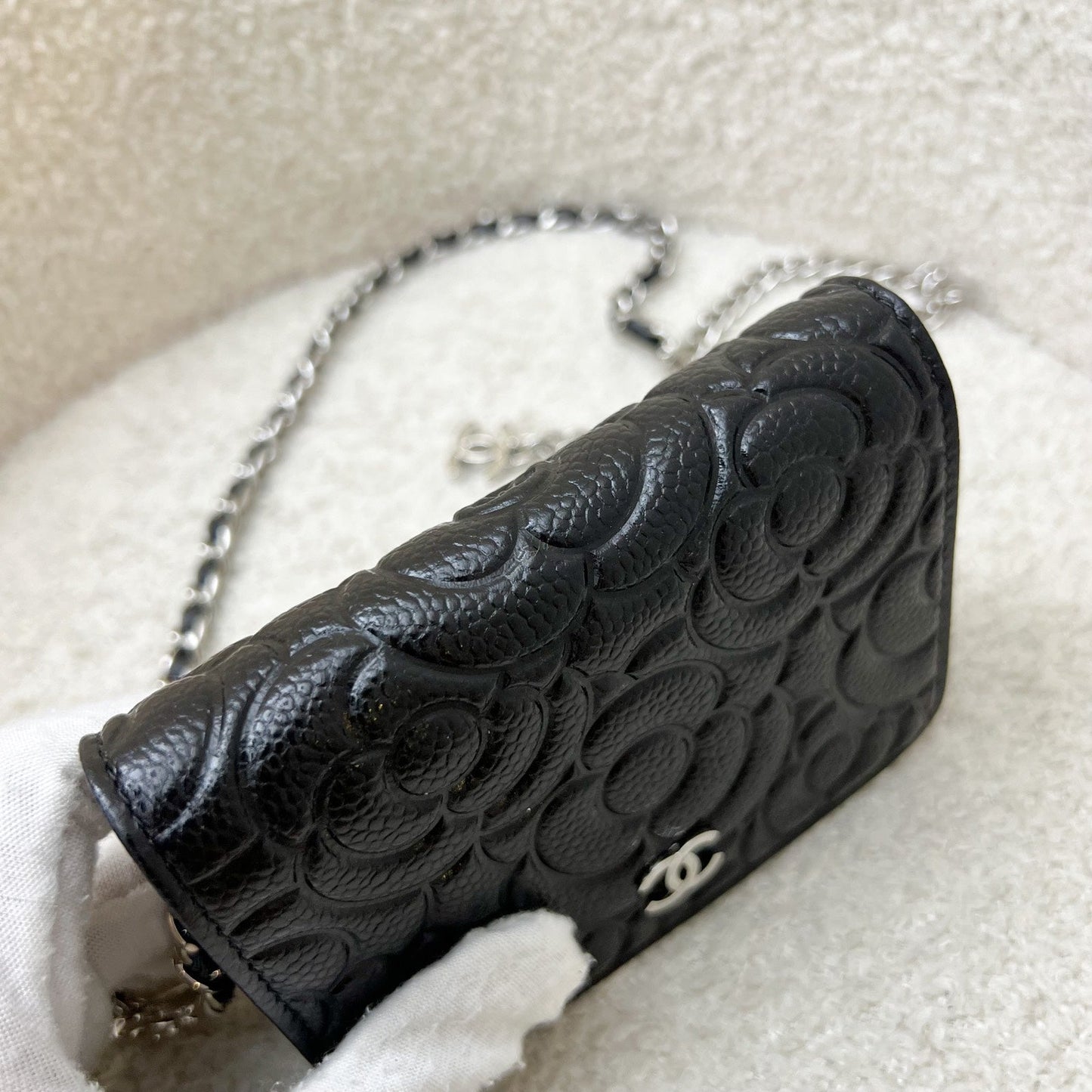Chanel Camellia Micro Flap / Clutch on Chain Belt Bag in Black Caviar and SHW