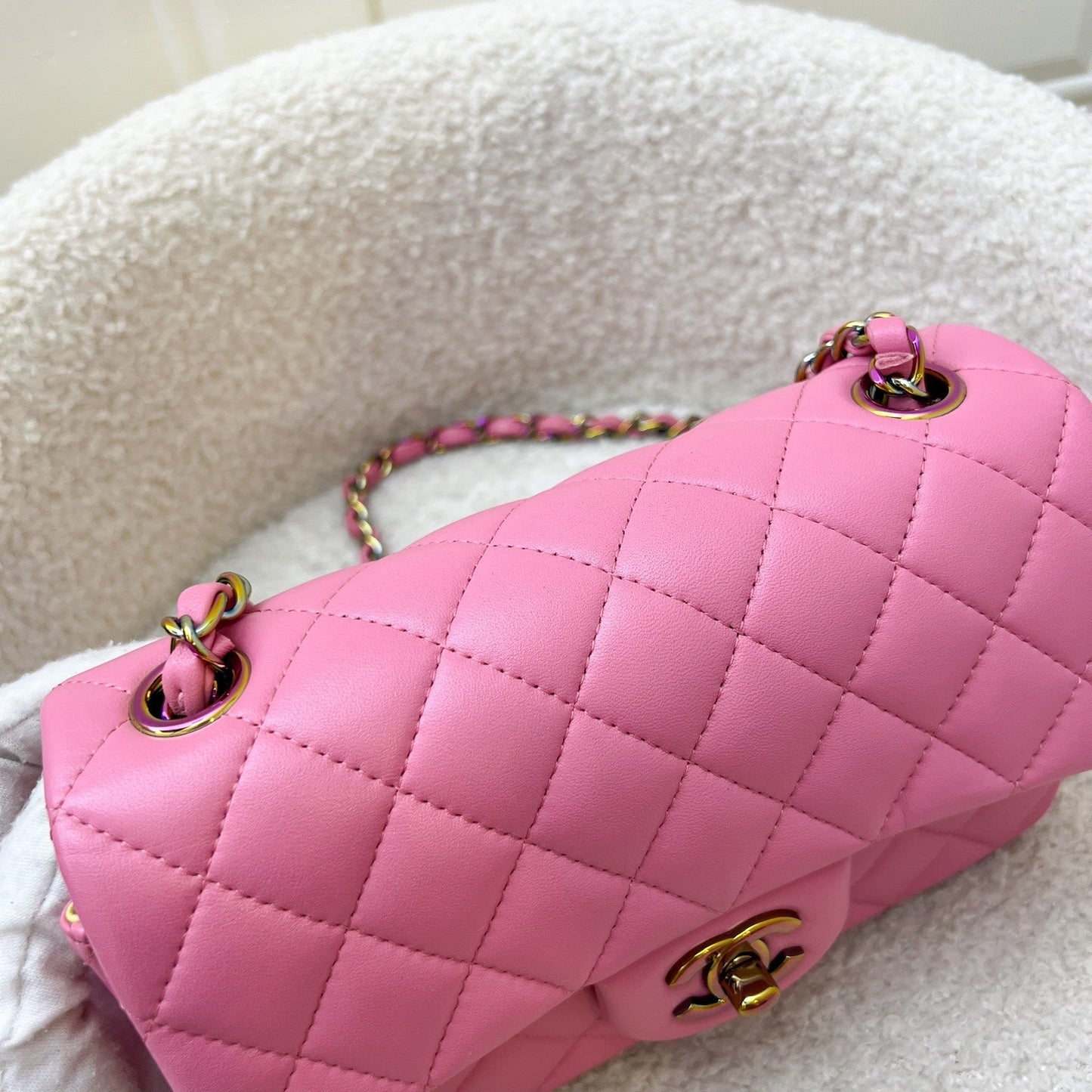 Chanel Classic Mini Rectangle Flap in Pink / Yellow Lambskin and Rainbow HW Accessory