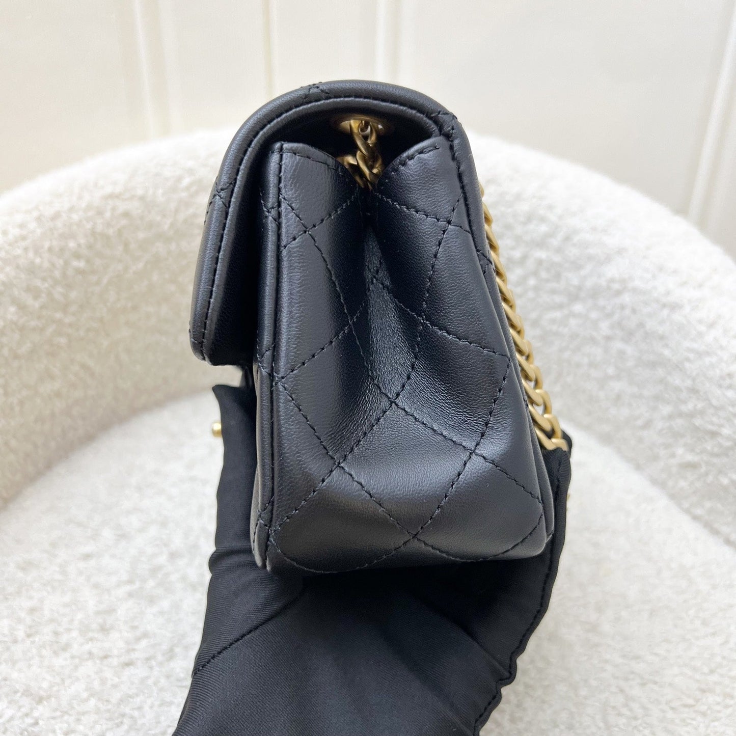 Chanel Mini Rectangular Flap Bag with Camellia Flower Adjustable Chain in Black Stiff Lambskin and AGHW (Model: )