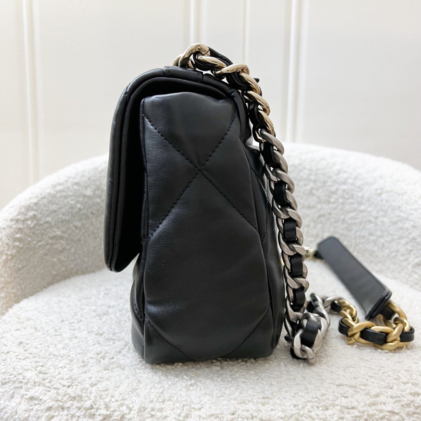 Chanel 19 Small Flap in Black Lambskin and 3-tone Hardware, Silver Turnlock (Model: ) Accessory
