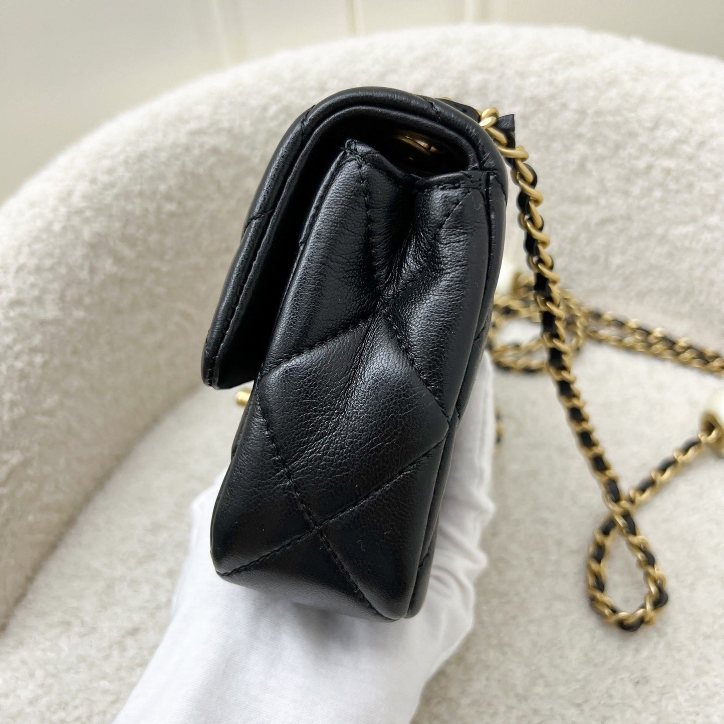Chanel Adjustable Pearls Chain Mini Flap in Black Lambskin and AGHW Bag