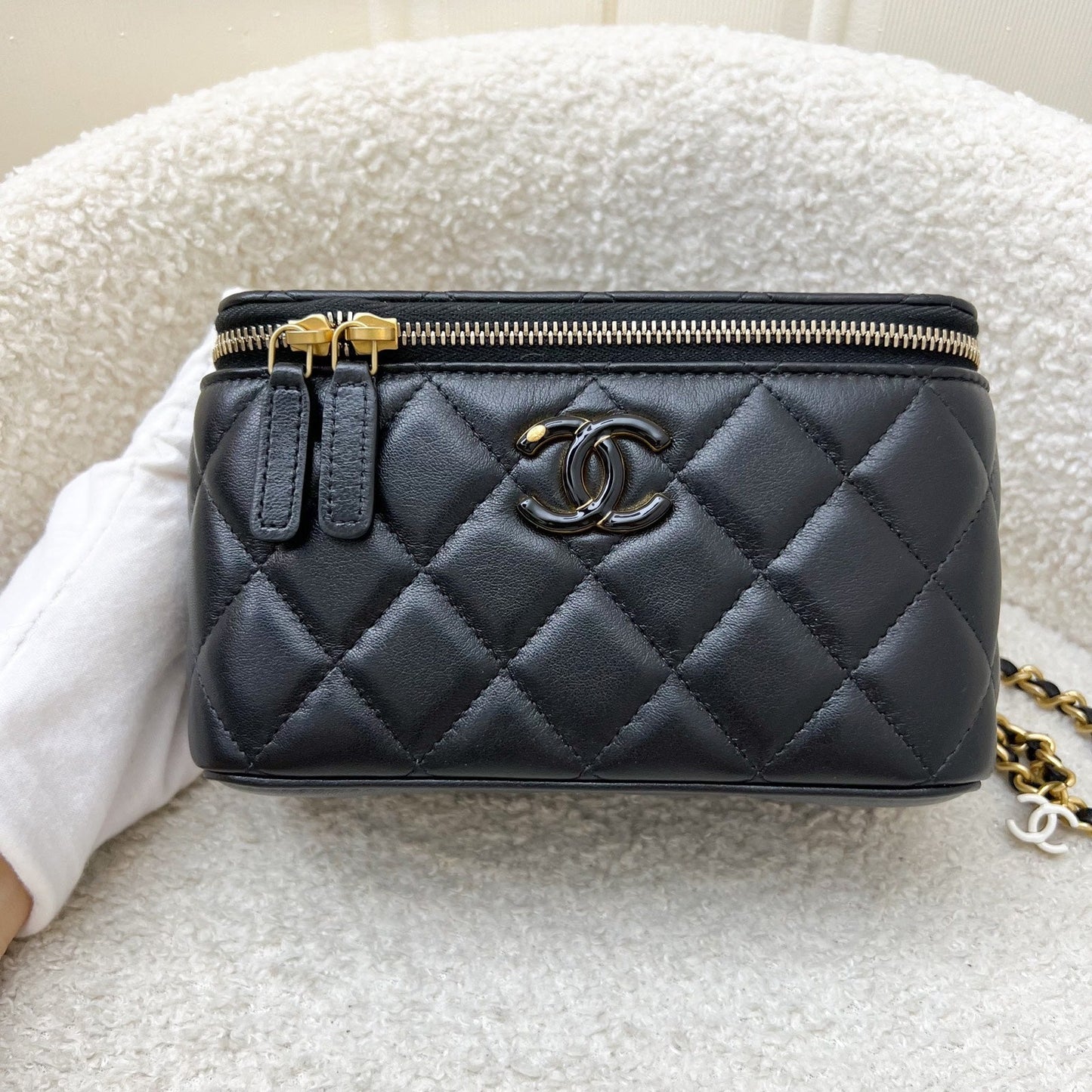 Chanel CC Logo Adjustable Chain Vanity in Black Shiny Lambskin and AGHW