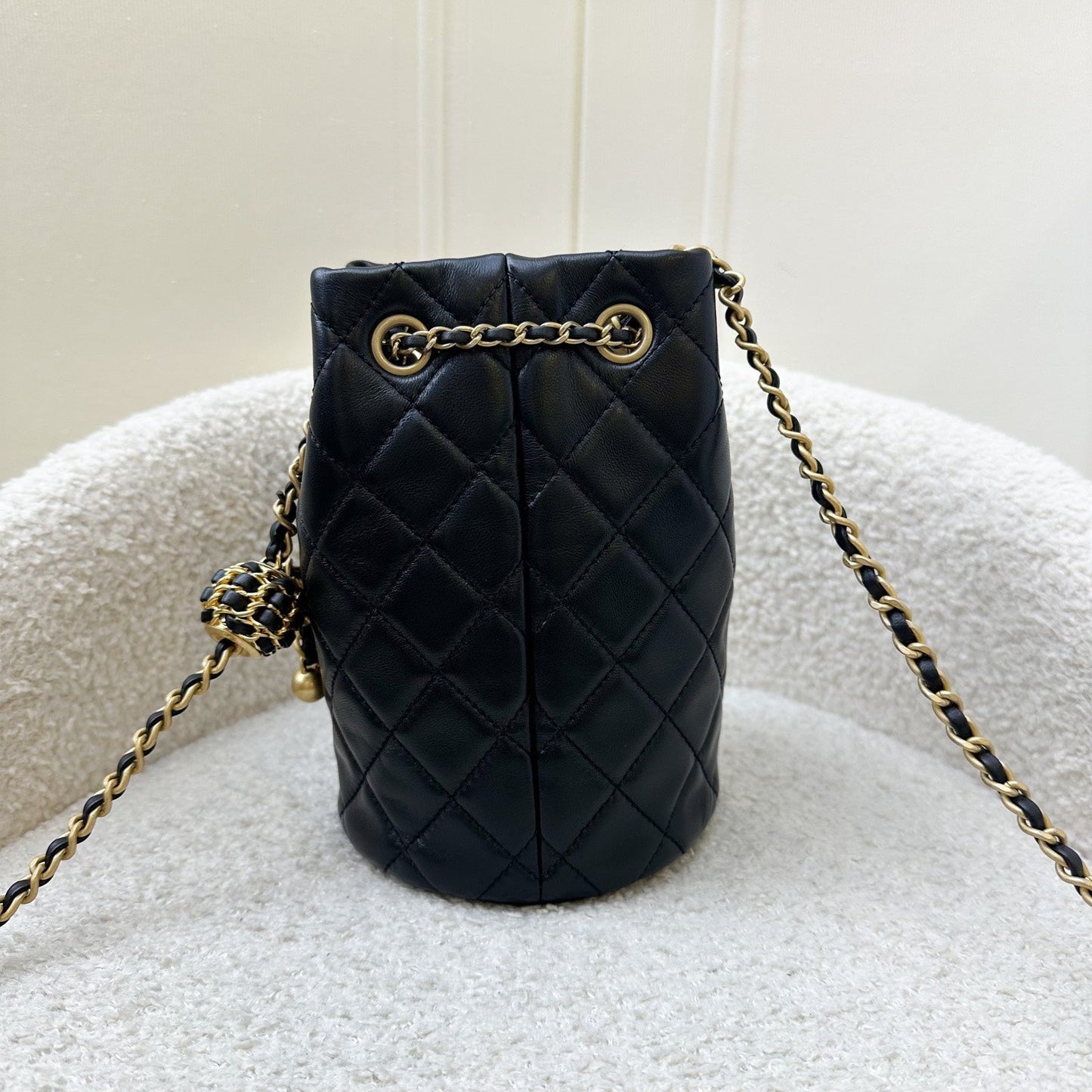 Chanel New Pearl Crush Bucket Bag in Black Lambskin AGHW