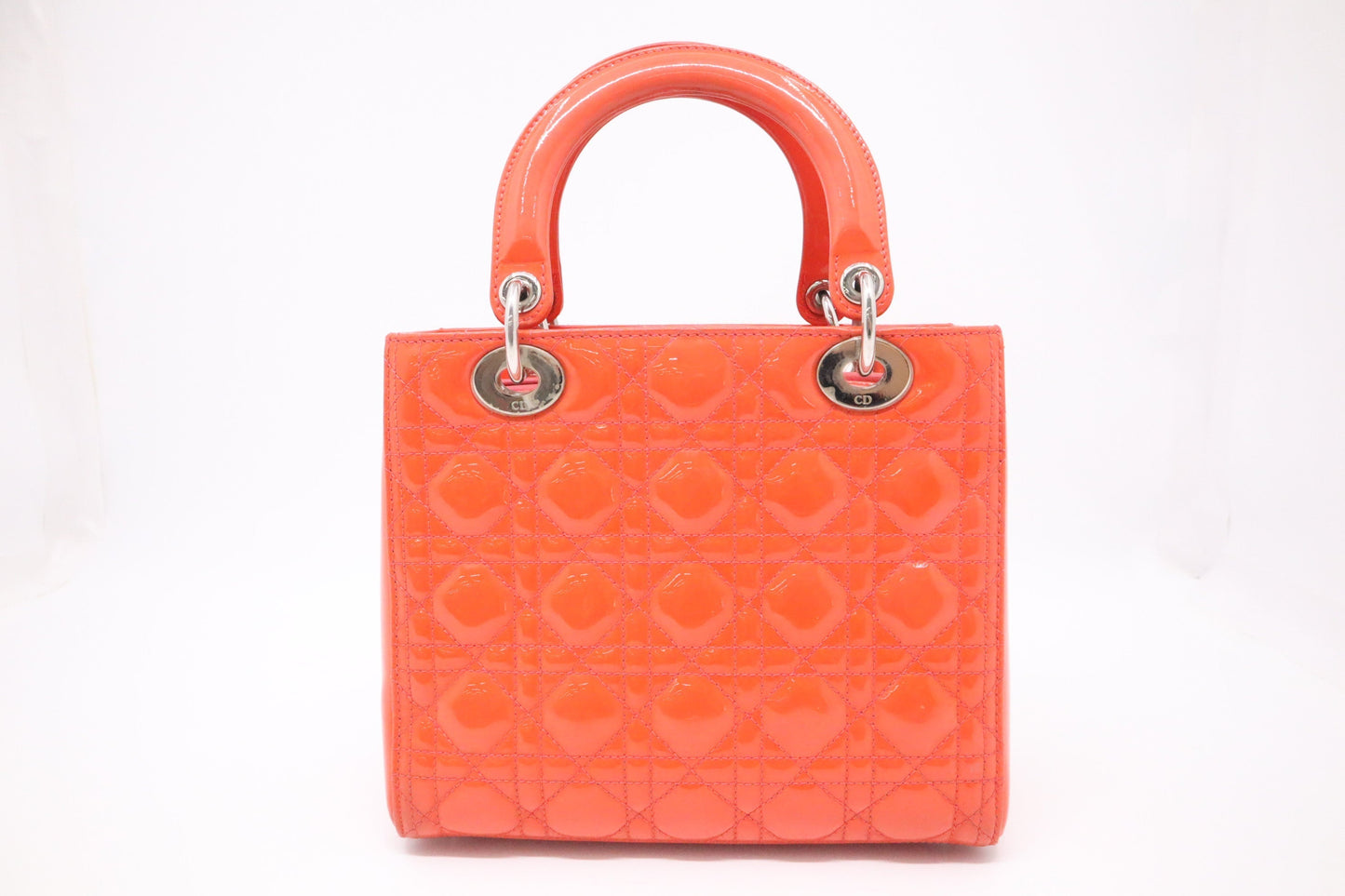 Dior Lady In Orange Cannage Patent Handbag Leather Medium Travel Bag