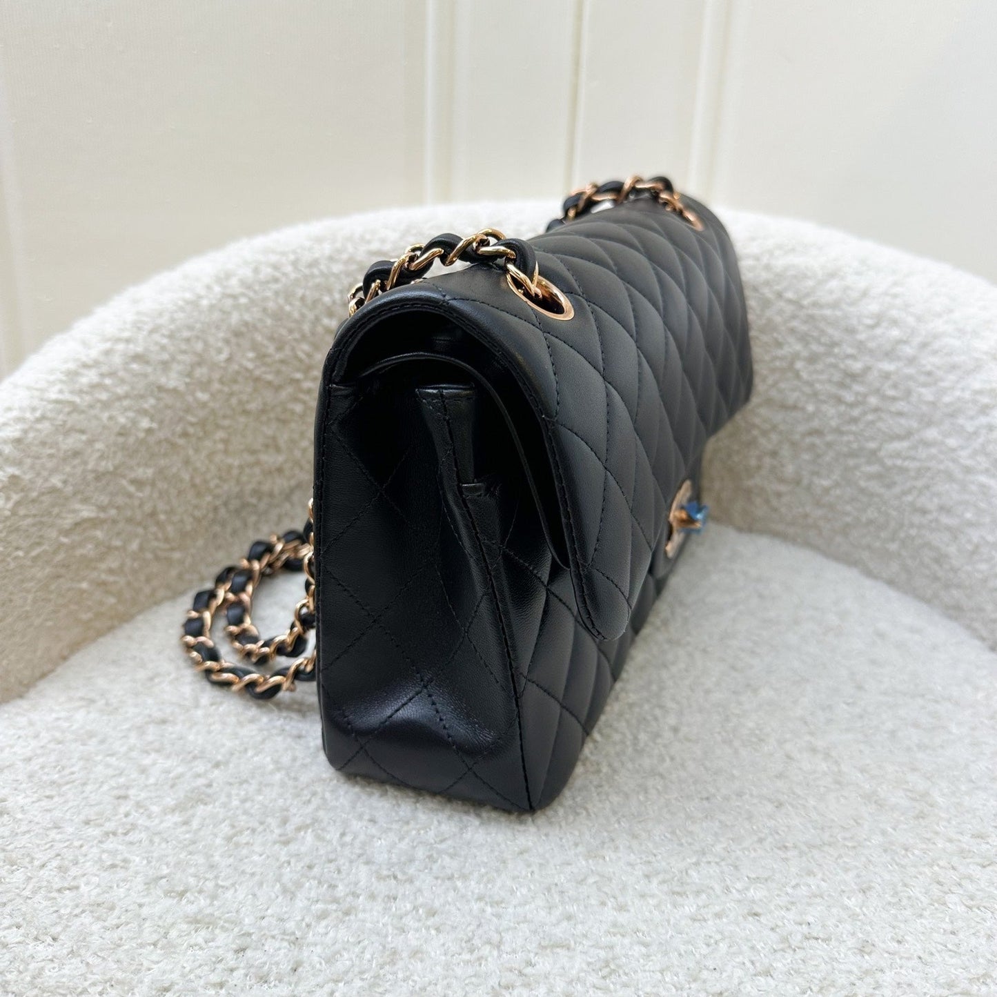 Chanel Small Classic Flap CF in Black Lambskin and Rose Gold HW Accessory