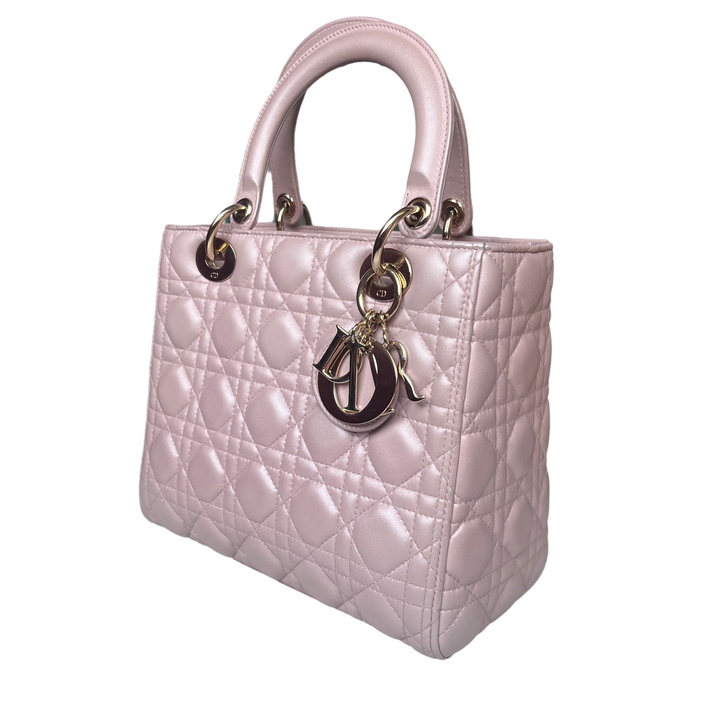 Dior Lady Medium Handbag Pearlescent Cannage Hardware Leather Pink Travel Bag