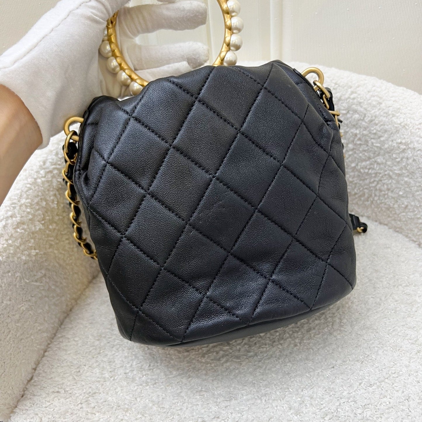 Chanel Pearl Handle Mini Drawstring Bucket Bag in Black Lambskin and AGHW (Model: )
