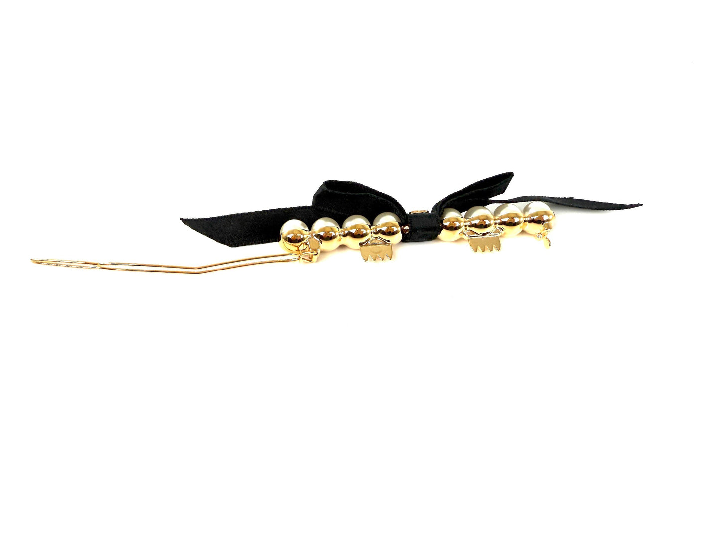 Chanel Black Faux Pearl Bow CC Logo 2025 Gold hardware Hair Barrette Clip Accessory