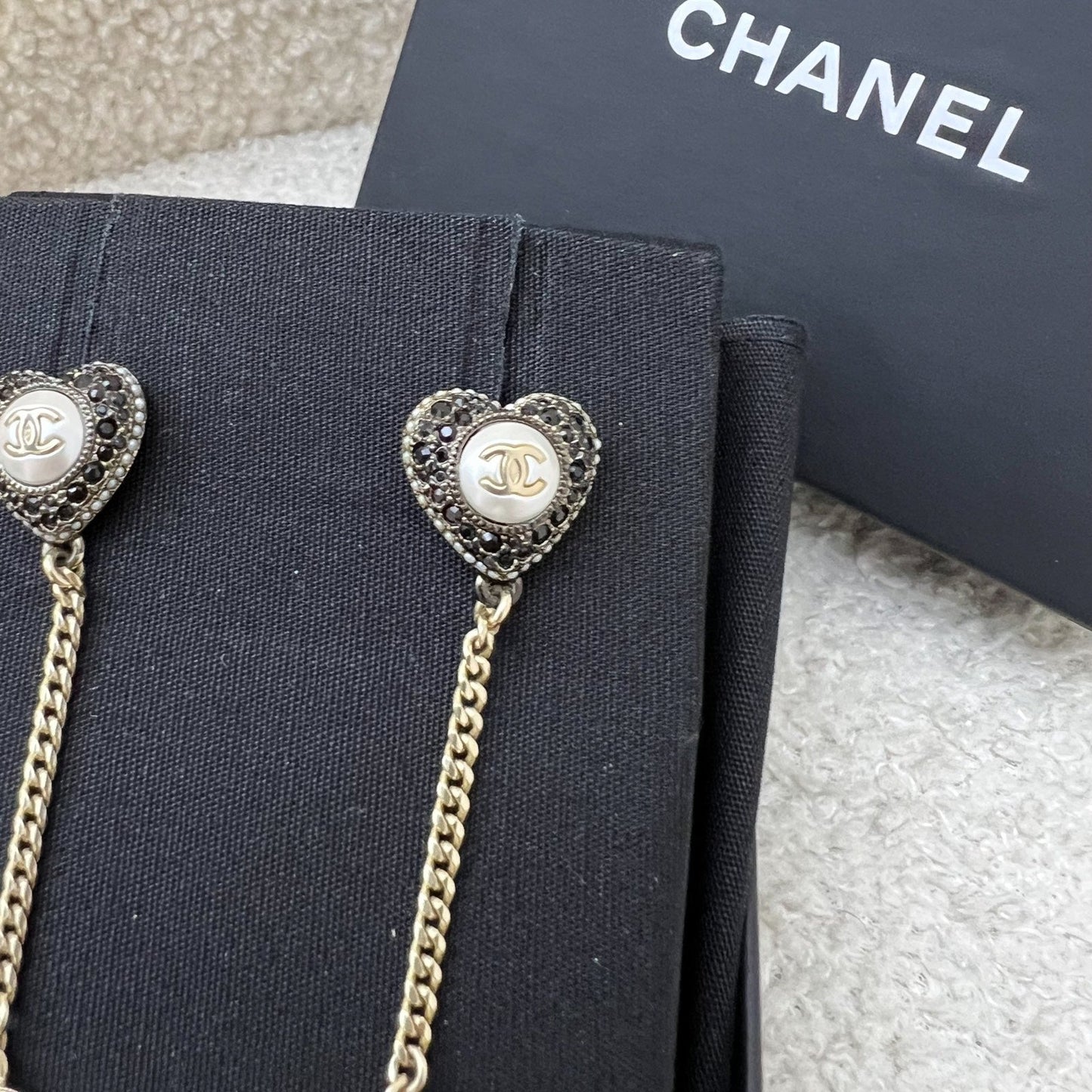 Chanel CC Heart Long Earrings with Black and White Crystals and Pearls Jewelry