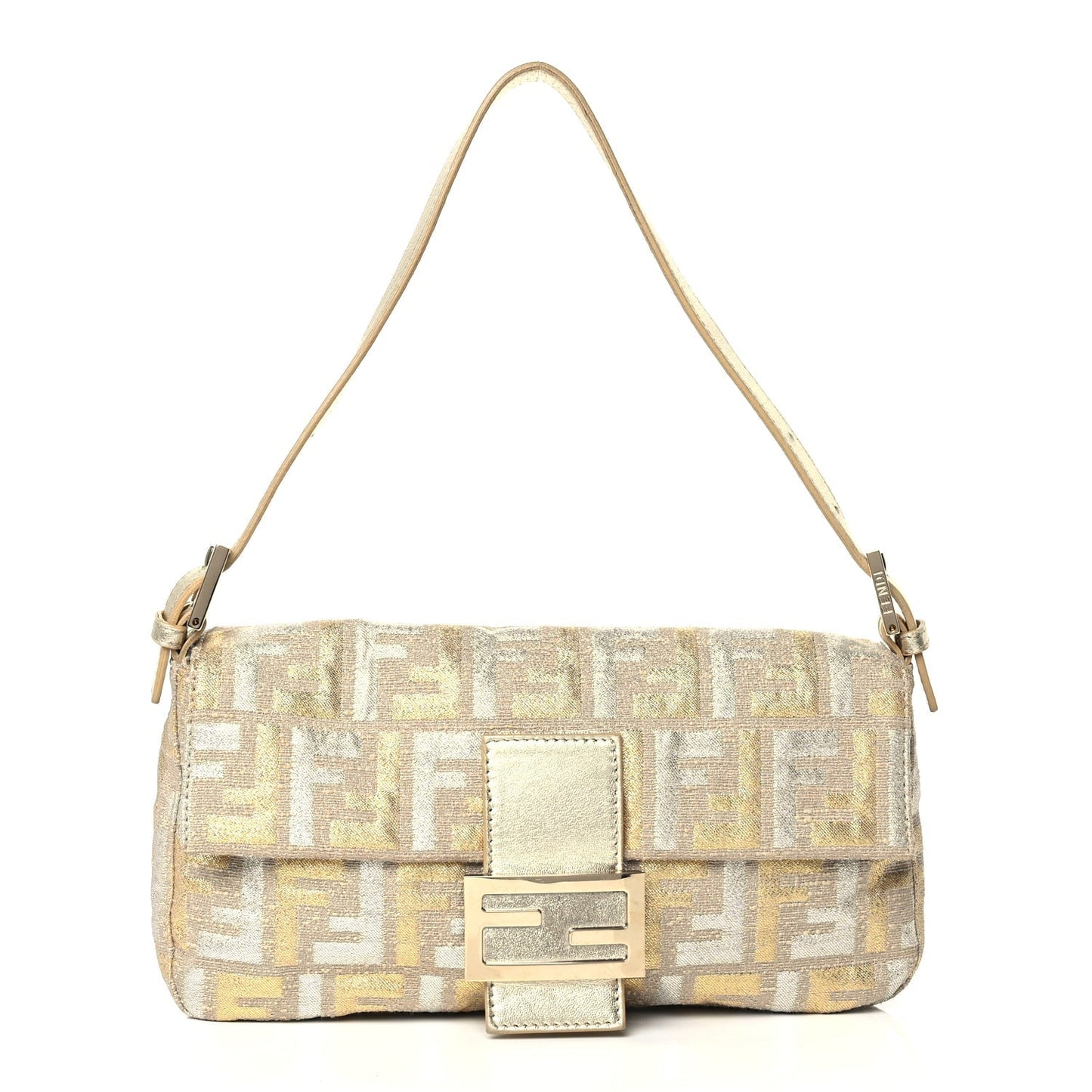 Fendi Handbag Metallic Lurex Zucca Baguette Canvas Gold Silver Shoulder Bag