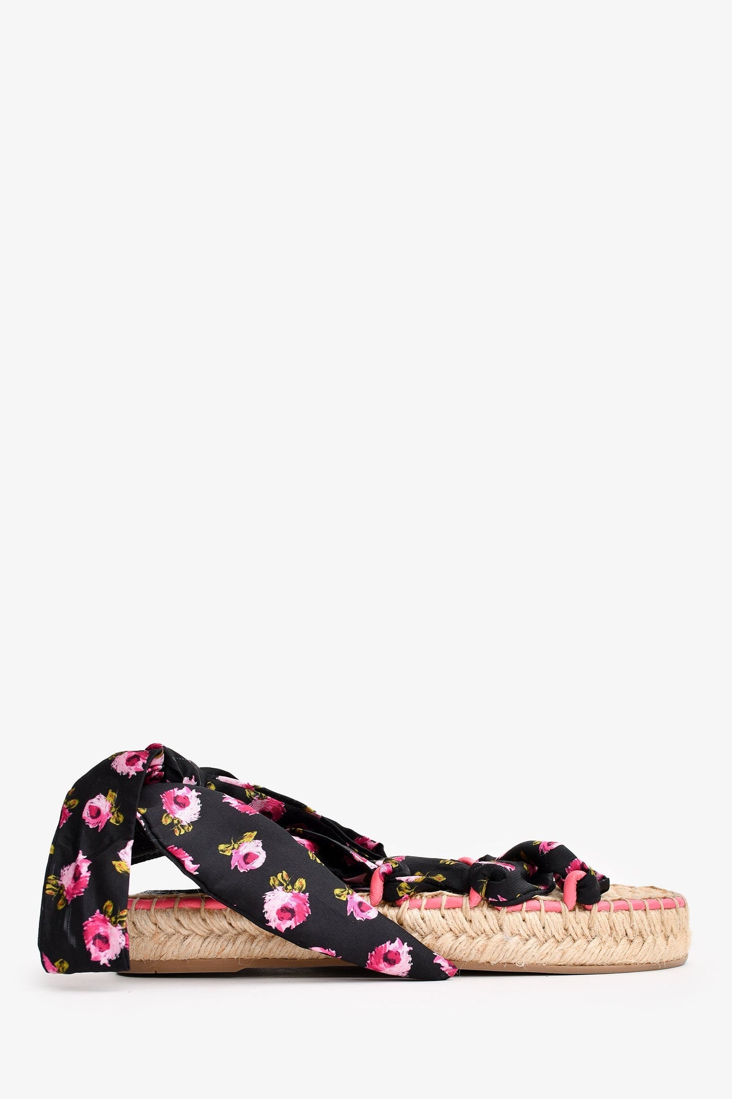 Prada Shoe Floral Tie-Up Espadrille Sandals Satin Black Pink Shoes