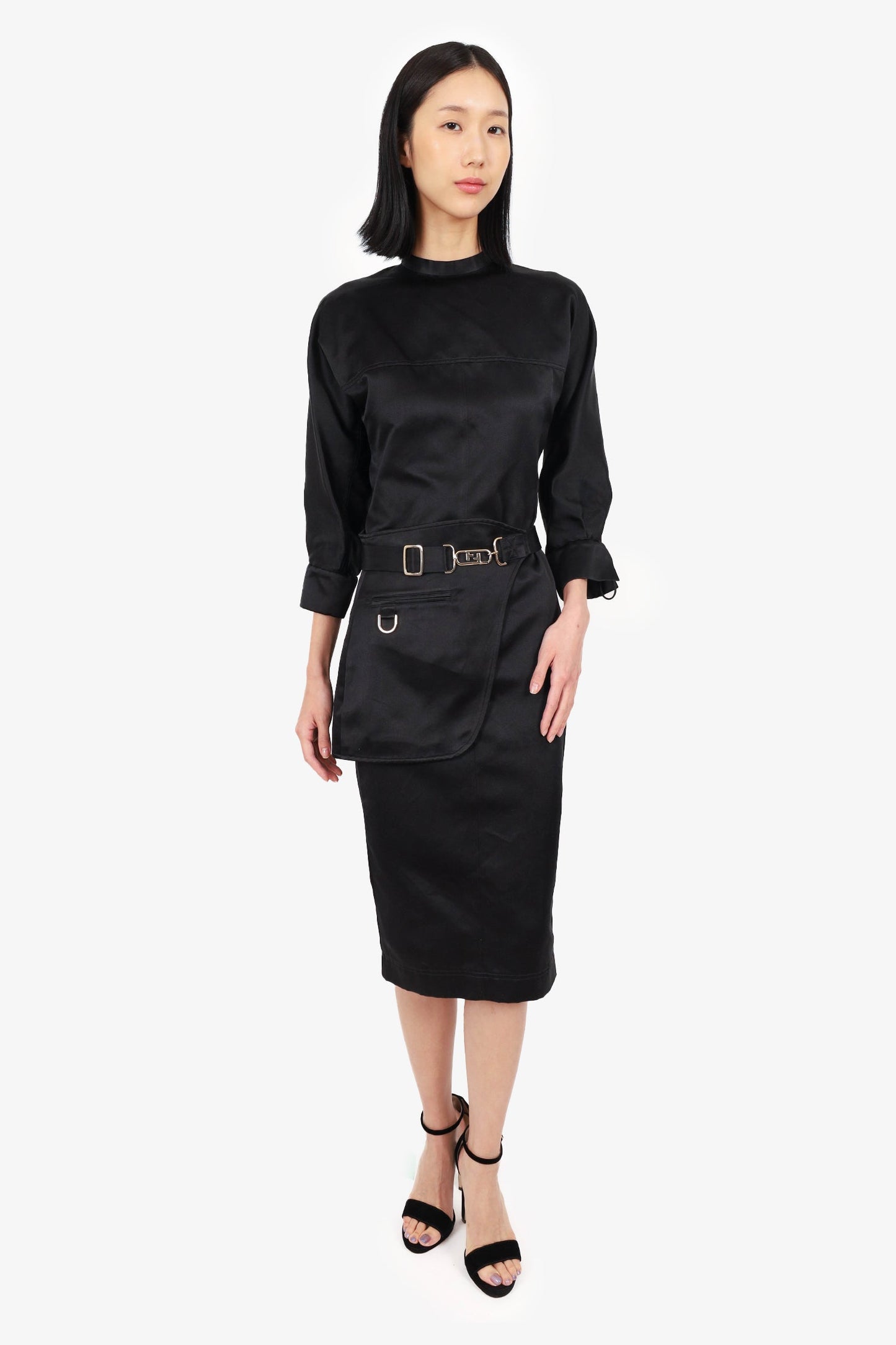 Fendi Handbag Silk Belted Long-Sleeved Midi Dress Black