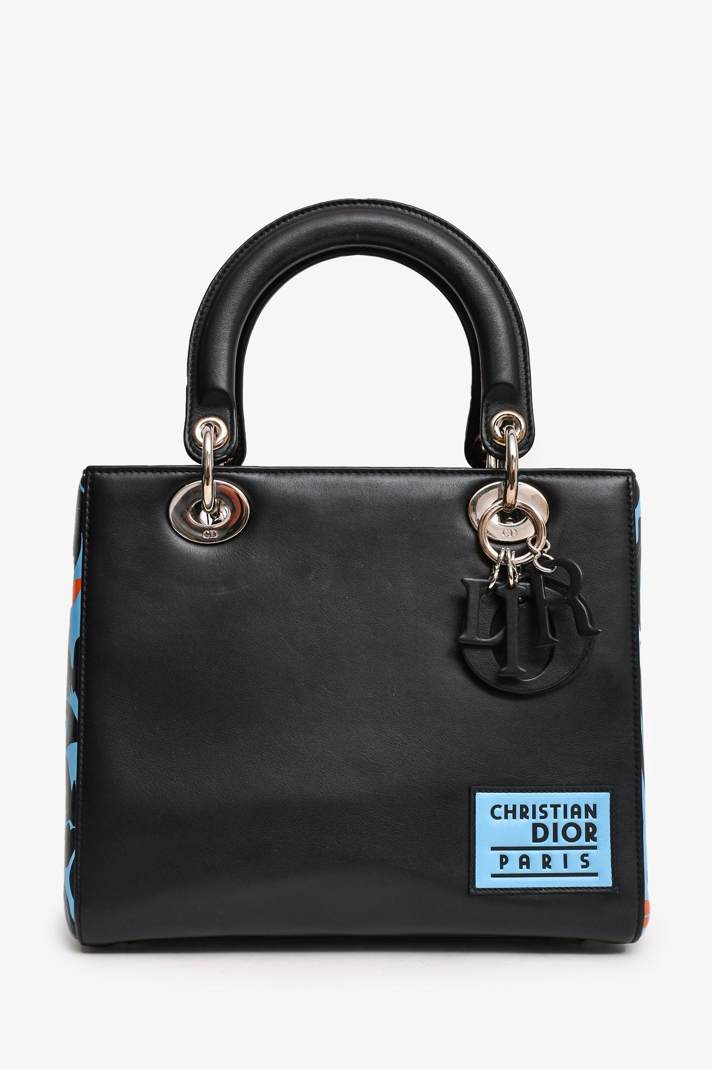 Dior Handbag Christian Floral Printed Lady Leather Black Blue