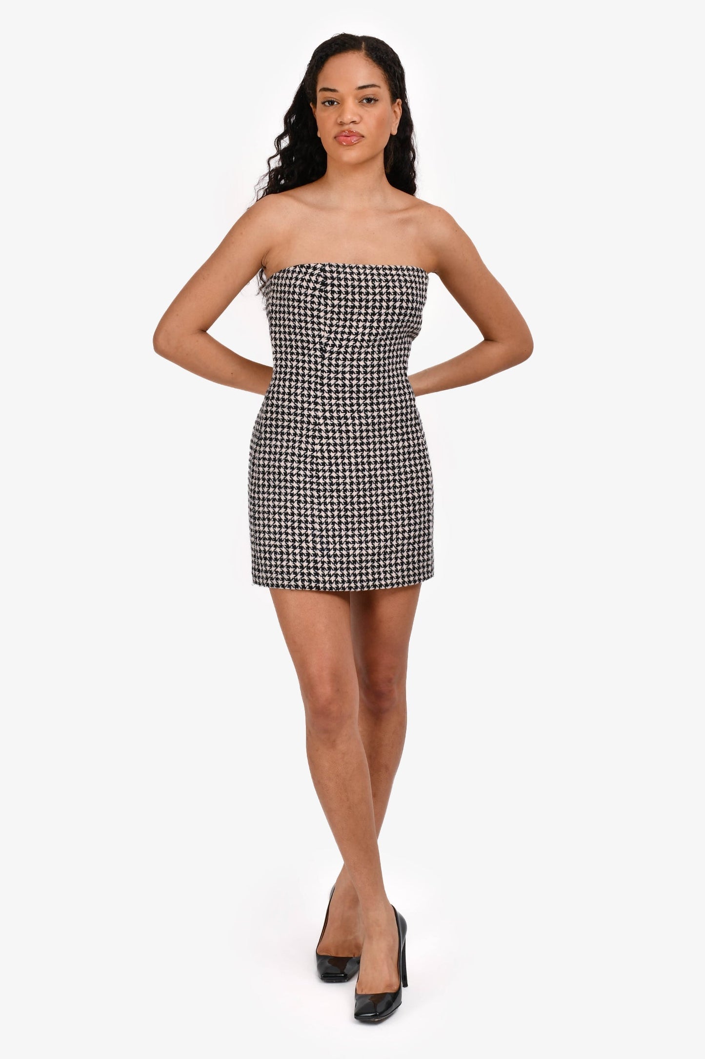 Dior Handbag Christian Houndstooth Wool Cashmere Bustier Dress Black White