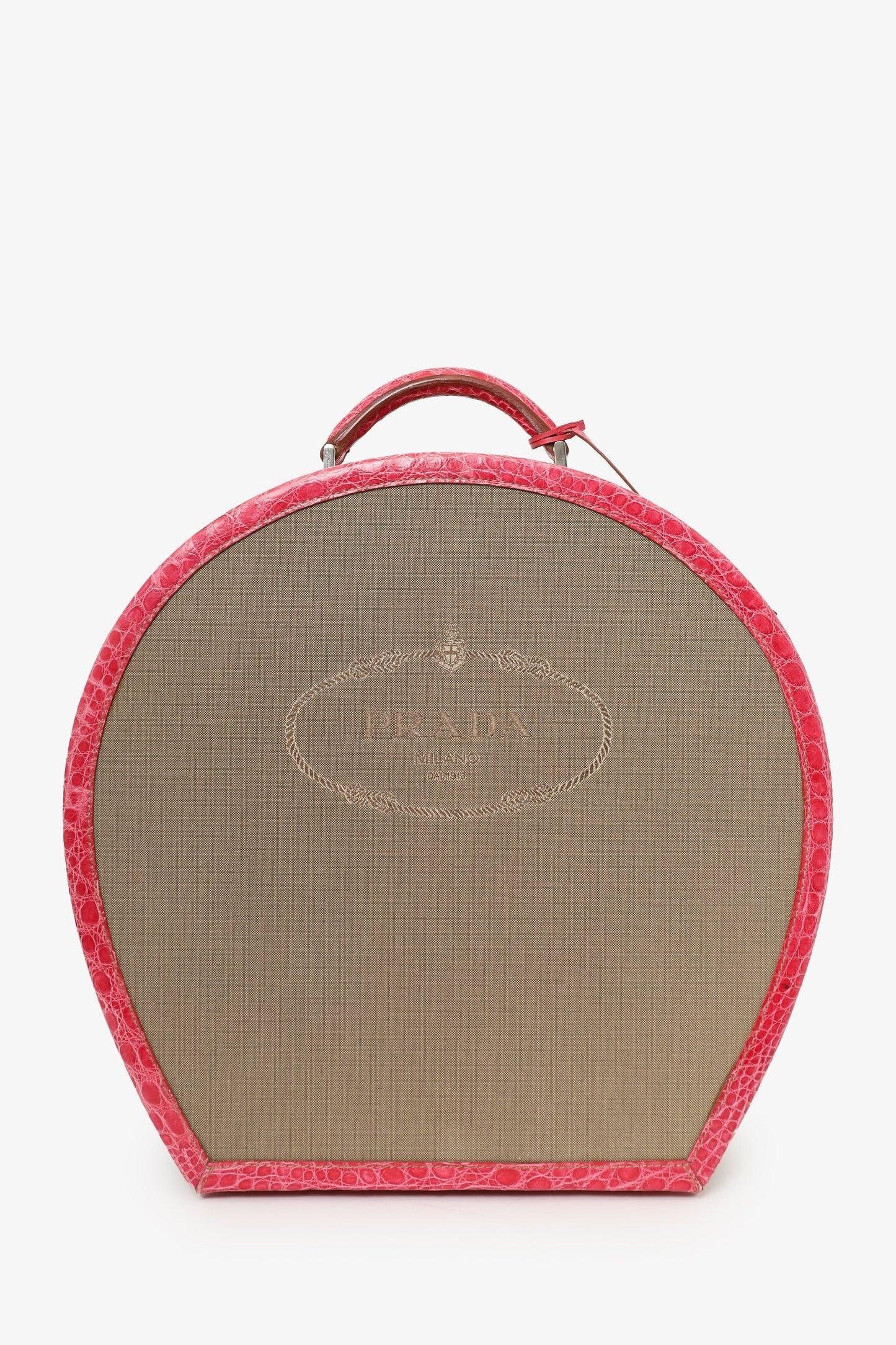 Prada Handbag Crocodile Trim Hat Box Canvas Beige Pink