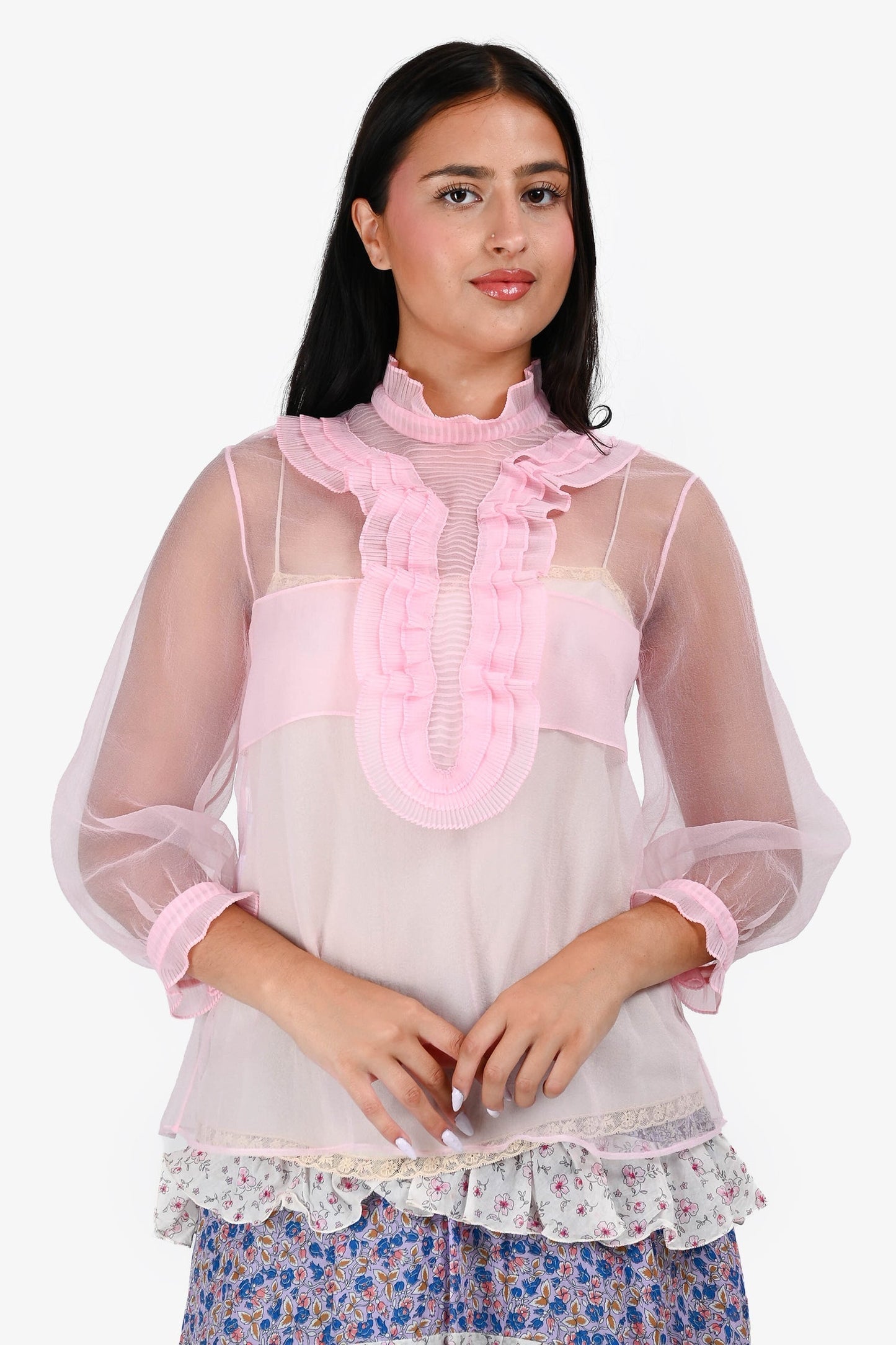 Prada Handbag Sheer Ruffle Detail High Neck Top with Pink