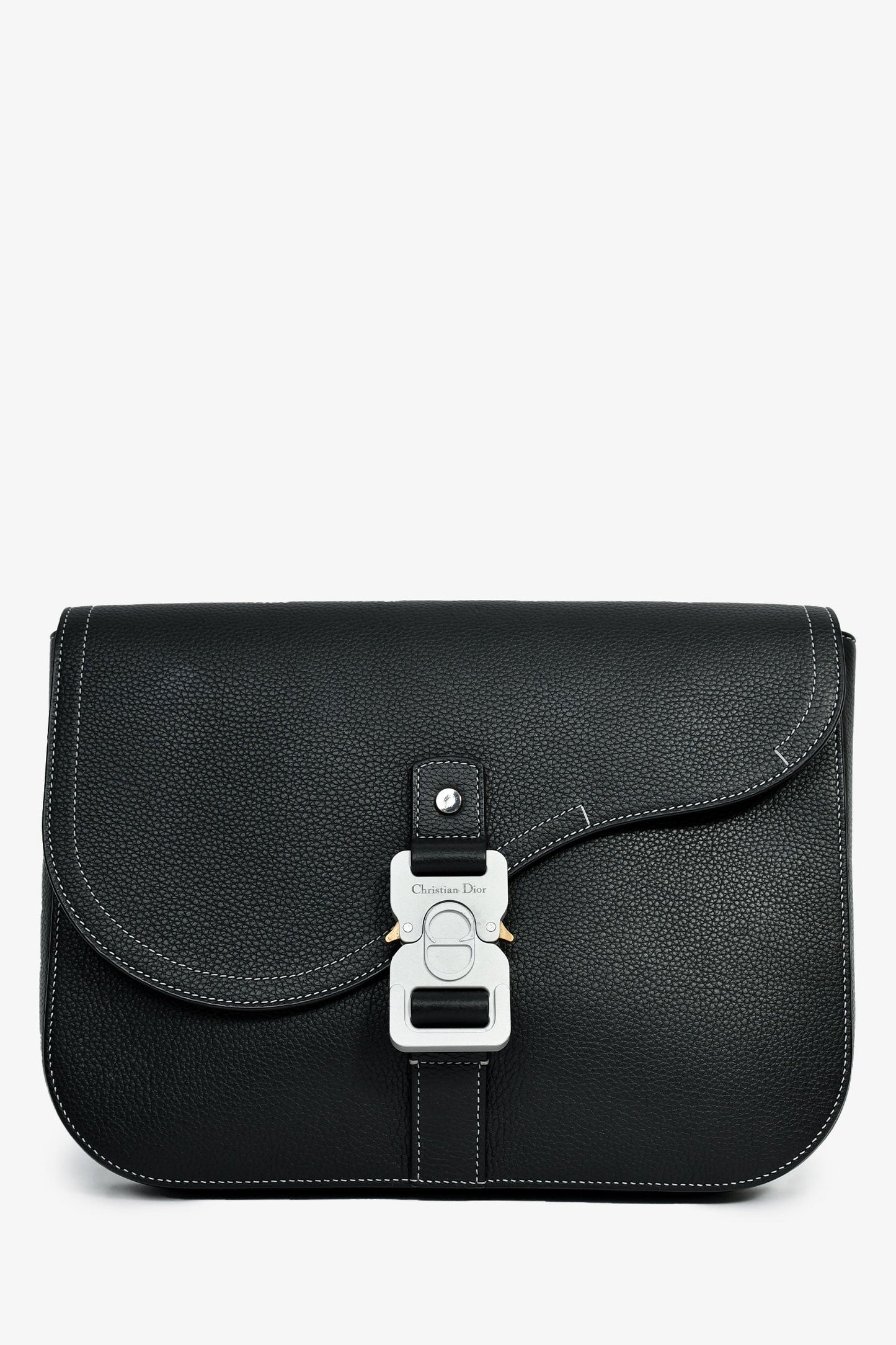 Dior Handbag Christian Grained Saddle Pouch Mens Leather Black
