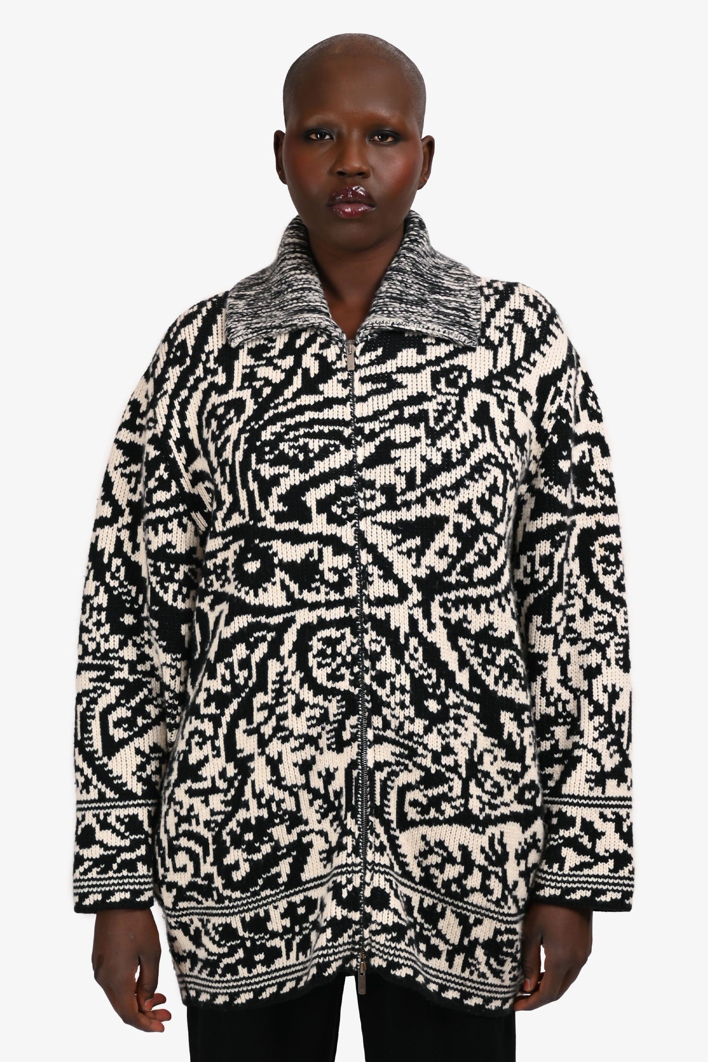Dior Handbag Christian Wool Cashmere Patterned Up Cardigan Black White Zip