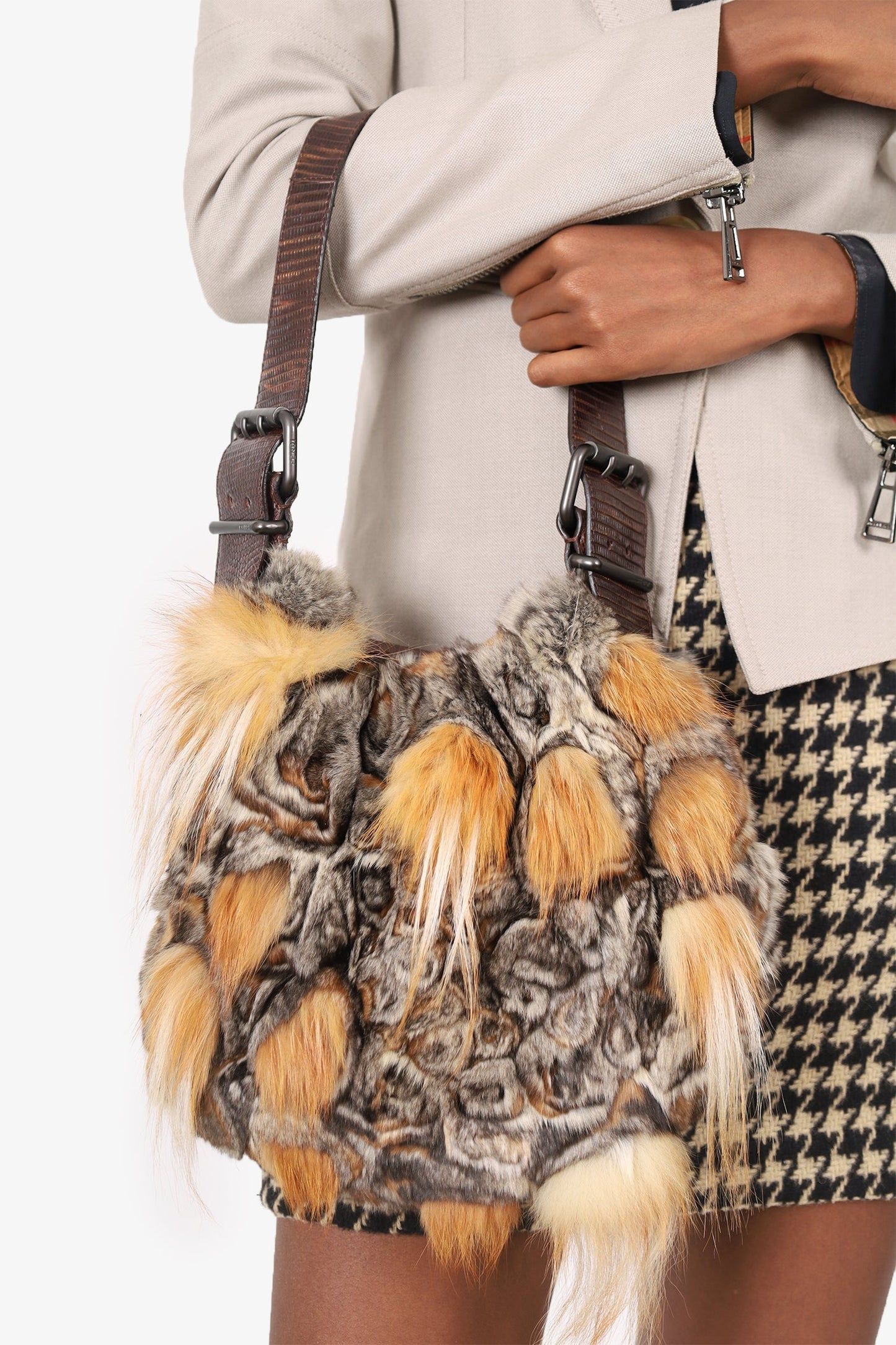 Fendi Shoulder Bag Grey Chinchilla Fur Oyster Brown Gray