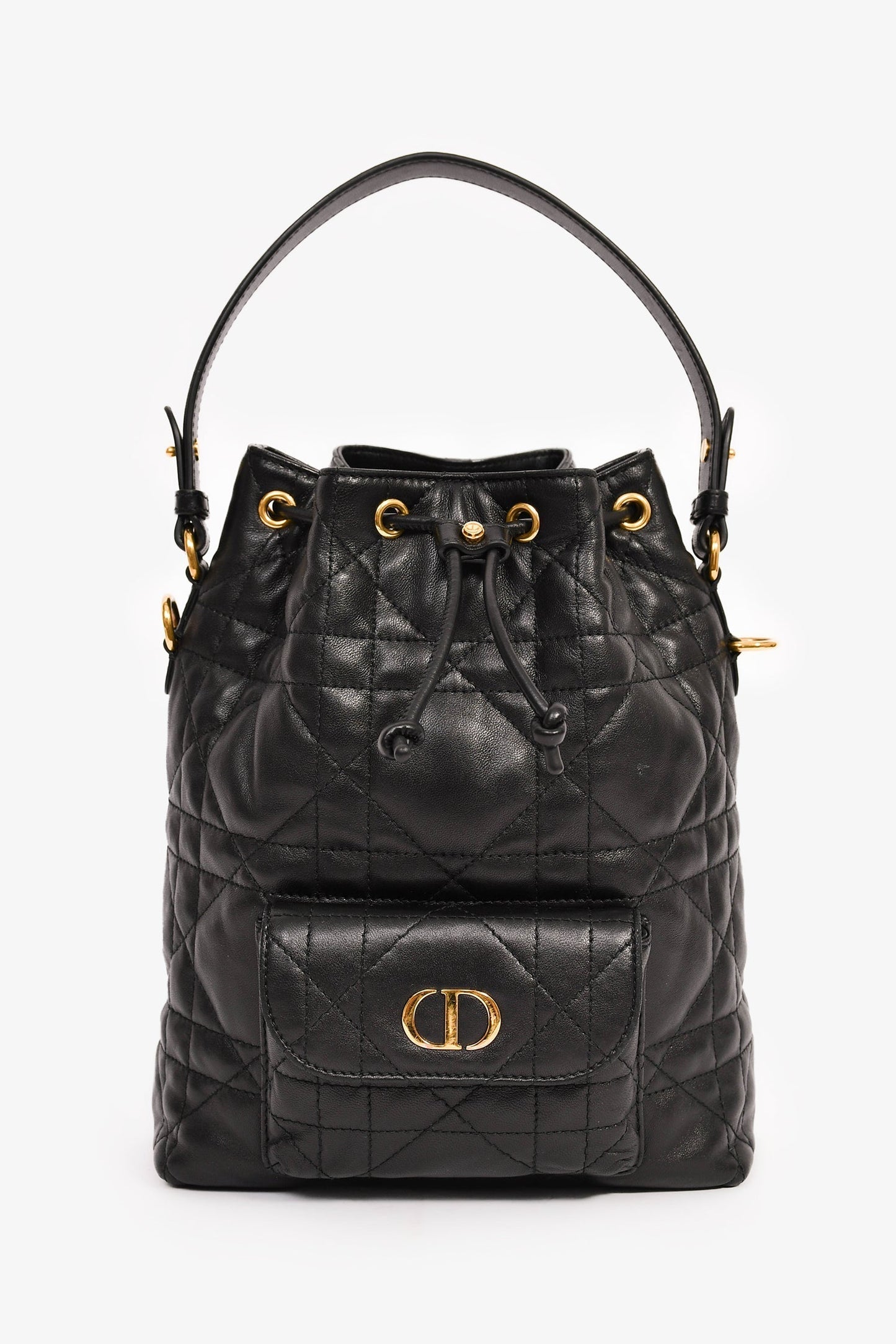 Dior Bag Christian Cannage 'Caro' Leather Black Small Bucket Bag